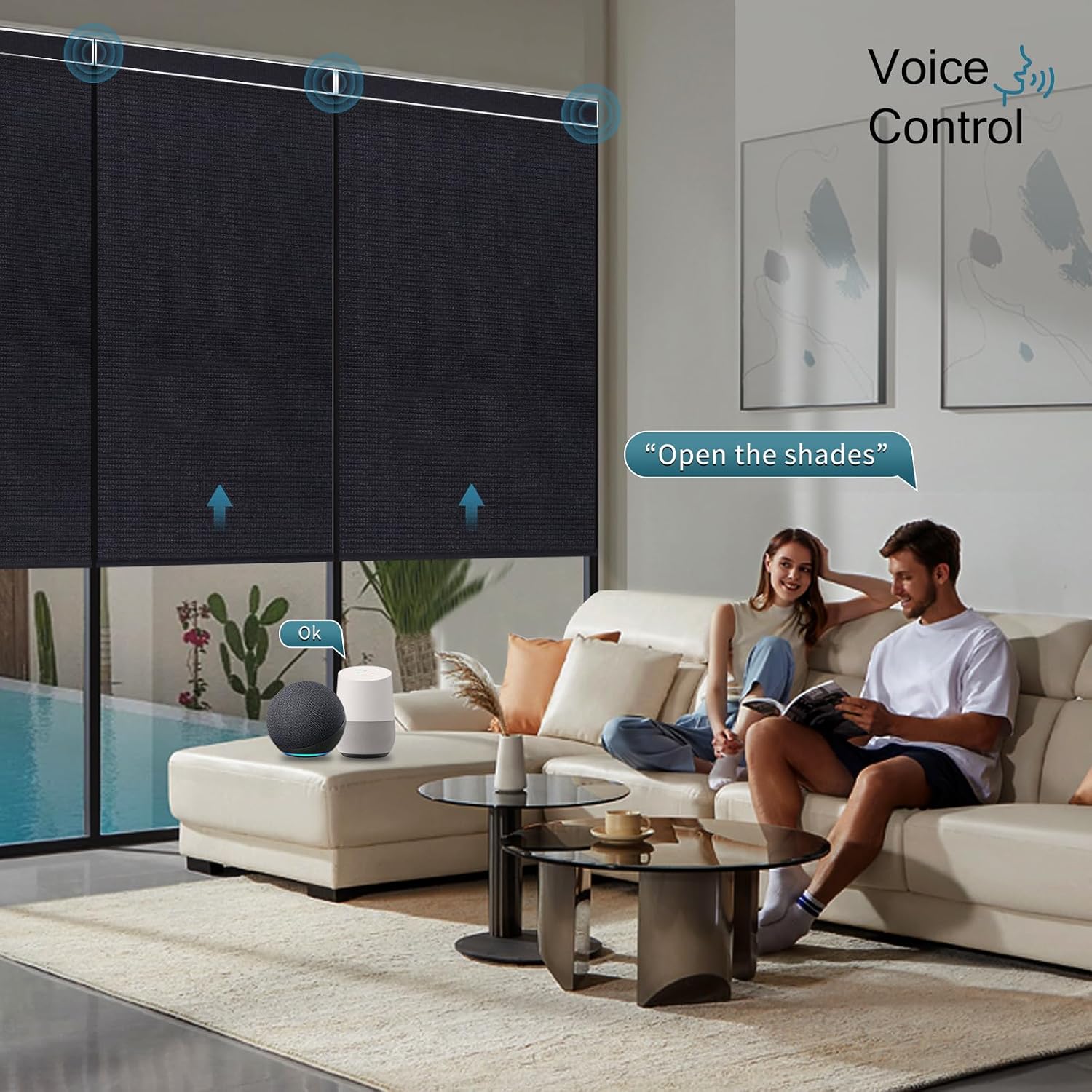 Motorized Roller Shade, 100% Blackout Smart Window Blinds Work with Homekit, Alexa, Google Home, Remote Control, Electric Blinds with USB/Solar Pannel,Dark Eclipse Black