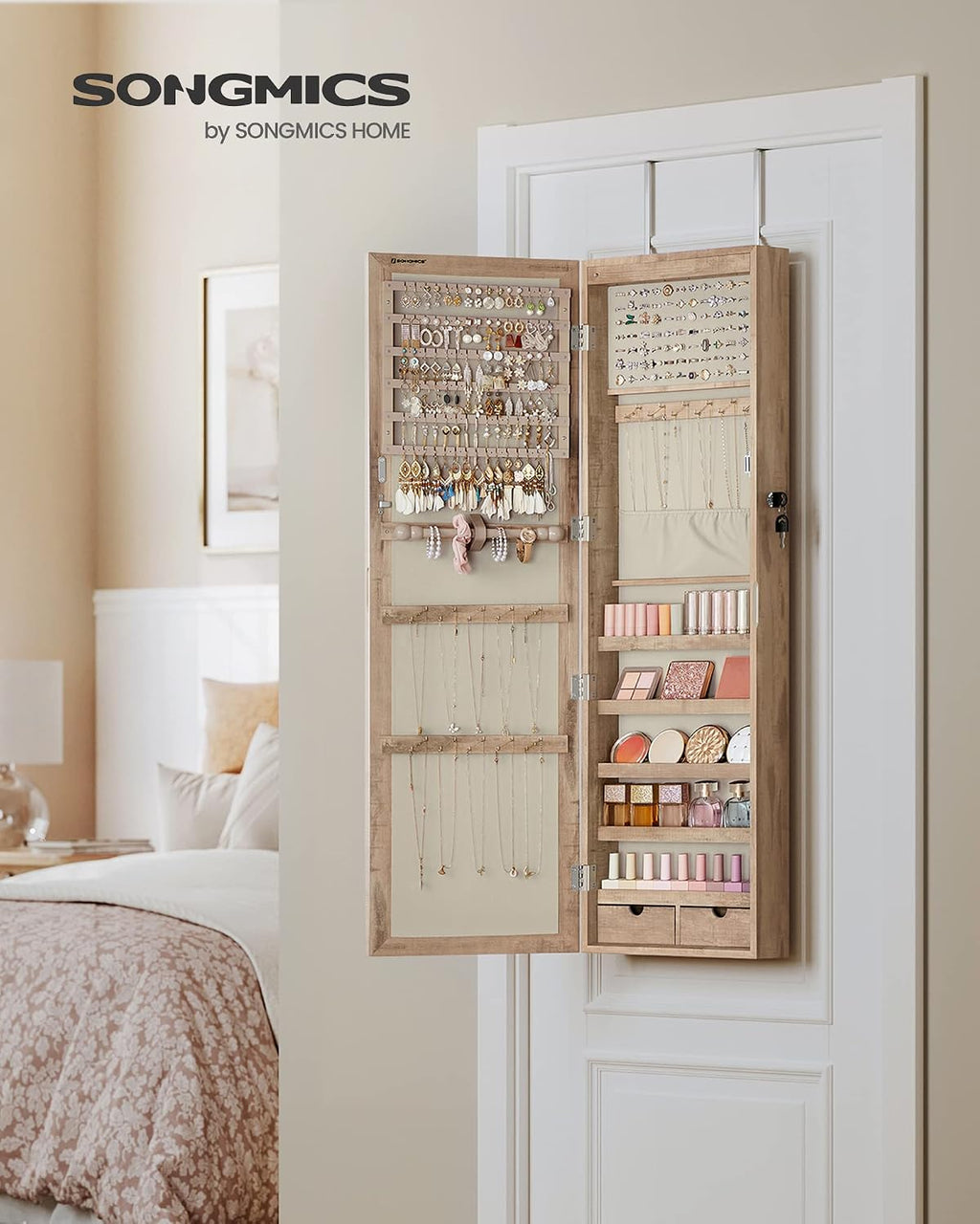 SONGMICS 6 LEDs Mirror Jewelry Cabinet, 47.2-Inch Tall Lockable Wall or Door Mounted Jewelry Armoire Organizer with Mirror, 2 Drawers, 3.9 x 14.6 x 47.2 Inches, Toasted Oak Color UJJC093N01