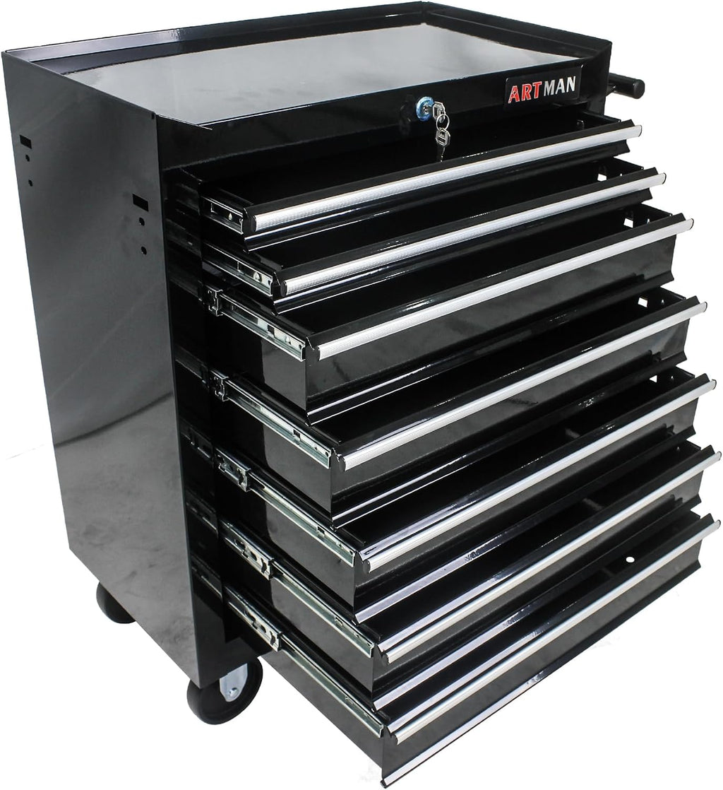 Rolling Tool Cart with 7 Drawers, Lockable Heavy-Duty Steel Cabinet on Wheels, 1000 lb Capacity, Ball-Bearing Slides, Powder-Coated Finish, Black