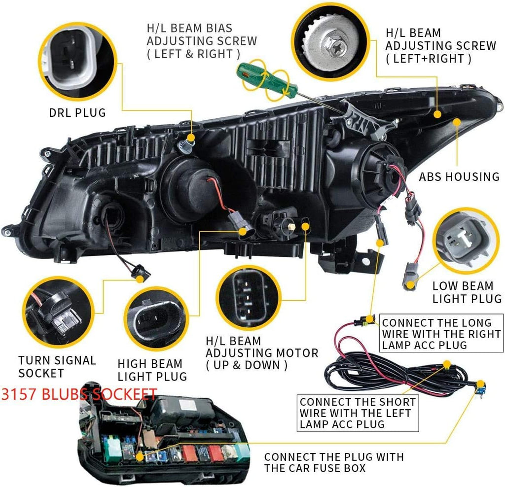 VLAND LED Projector Headlights Assembly for [Honda Accord EX, LX, EX-L Sedan 2008-2012 (NOT fit 2-Dr Coupe)] with Sequential Turn Signal 3157 light bulbs (No include), YAA-HD-0145AH, (Demon eyes)
