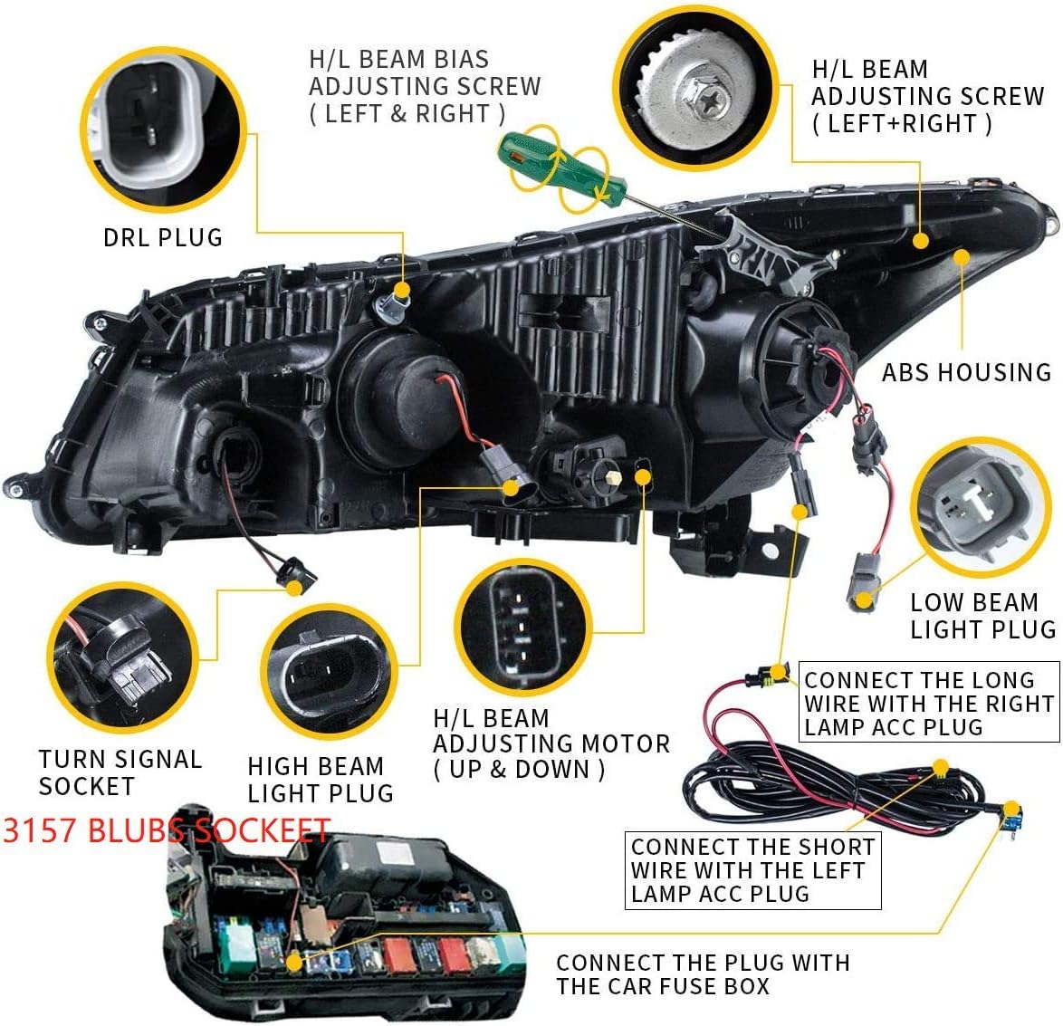 VLAND LED Projector Headlights Assembly for [Honda Accord EX, LX, EX-L Sedan 2008-2012 (NOT fit 2-Dr Coupe)] with Sequential Turn Signal 3157 light bulbs (No include), YAA-HD-0145AH, (Demon eyes)