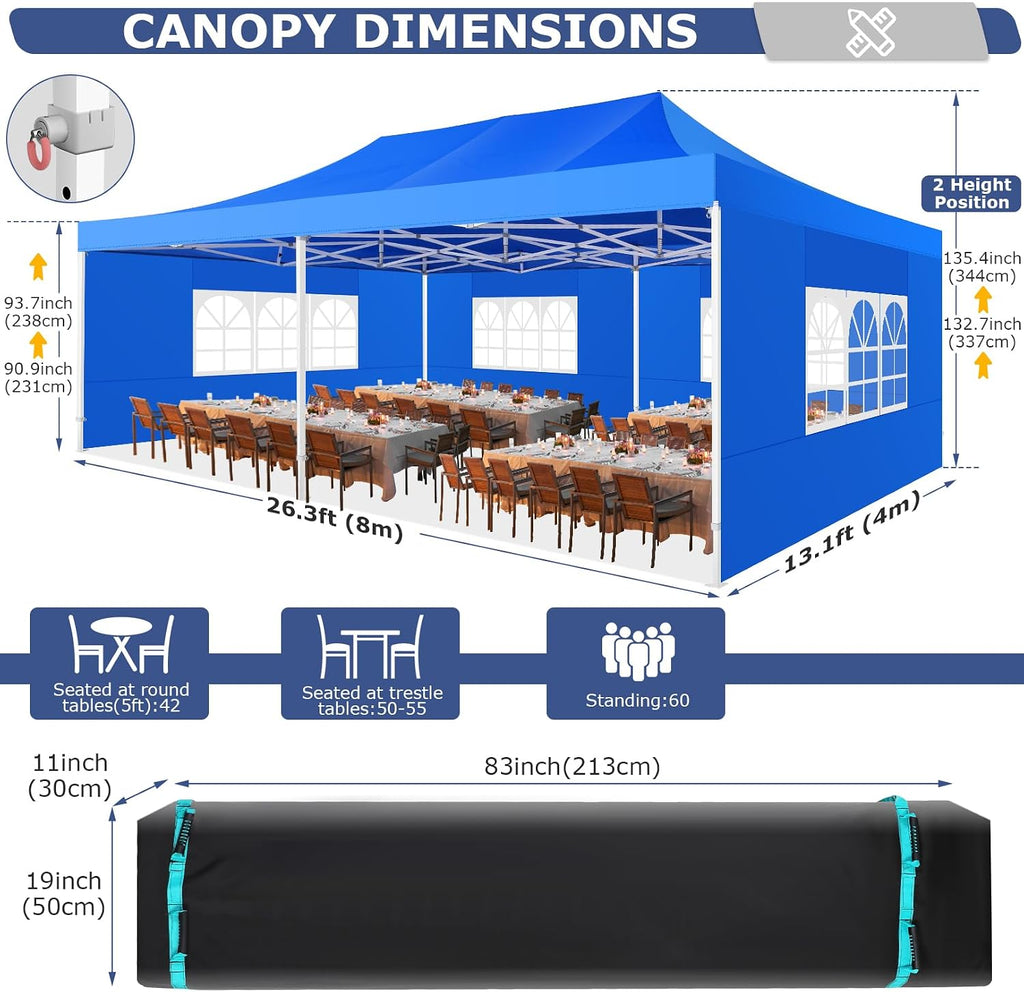 COBIZI 13x26 Pop up Canopy Heavy Duty with 6 Sidewalls, Easy Set-up Commercial Outdoor Party, 100% Waterproof Wedding Canopy Gazebo, 2 Height Adjustable with Wheeled Bag, Blue