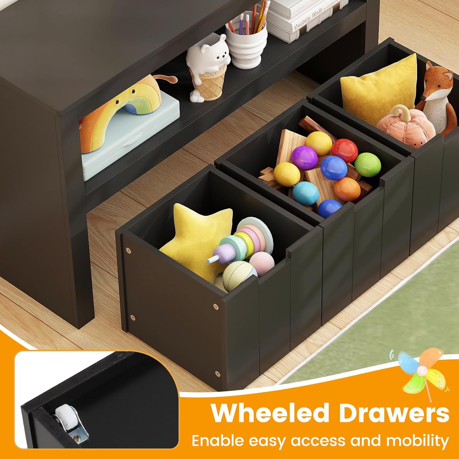 HONEY JOY Kids Toy Storage Organizer, Children Daycare Shelf, 3 Wooden Toy Box w/Wheels, Toddler Classroom Display Cabinet for Playroom, Nursery, Kindergarten (Black)