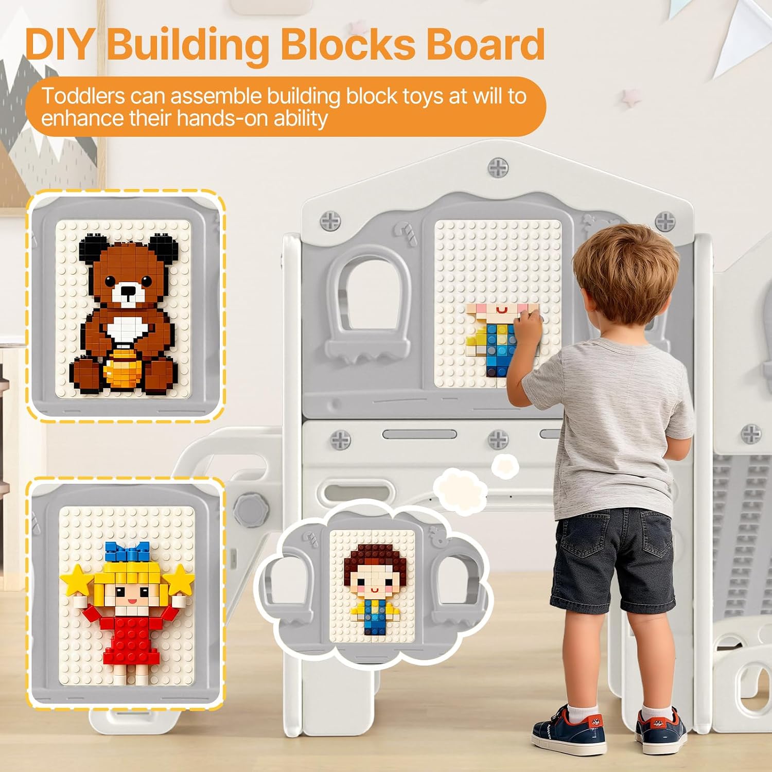 BIERUM 9 in 1 Toddler Slide Set - Baby Slide for Toddlers 1-3 with Colorful Lights, Drawing Board and Building Blocks Board, Indoor Outdoor Toddler Playset Playground, White Gray
