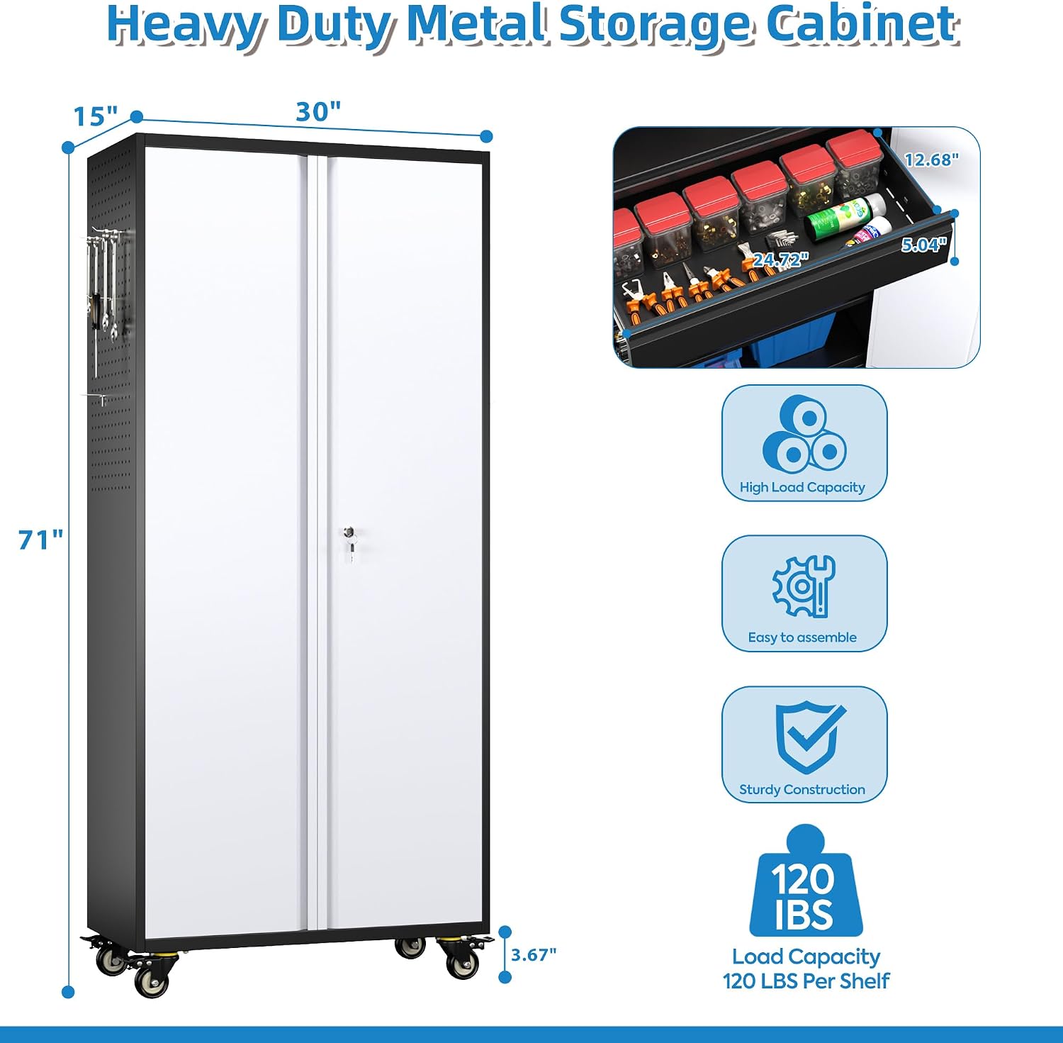 METAN 71' H Metal Storage Cabinet with Wheels with 5 Pegboards and 1 Drawer,Lockable Steel Tool Cabinet for Garage,Warehouse,Assembly Required,Black+Gray