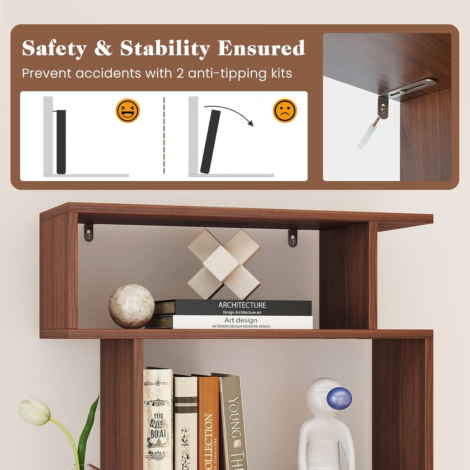 Giantex 6-Tier Geometric Bookshelf Set of 2, S-Shaped Bookcase with 2 Anti-Tipping Kits, Wooden Display Shelf, Decorative Storage Shelving Unit, Home Storage Organizer for Office Living Room, Walnut