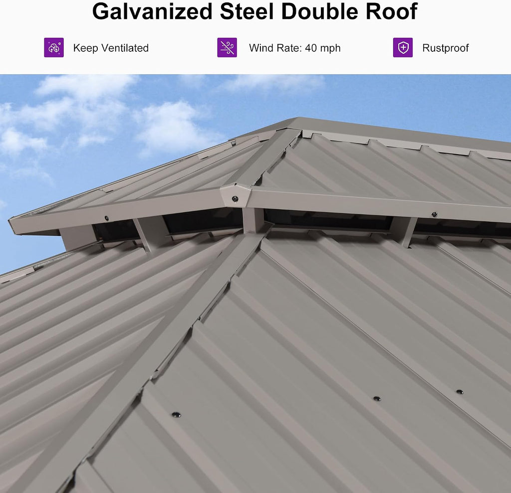 PURPLE LEAF 10' x 12' Outdoor Hardtop Gazebo, Champagne Aluminum Frame with Galvanized Steel Double Roof, Curtains and Netting for Patio Lawn and Garden