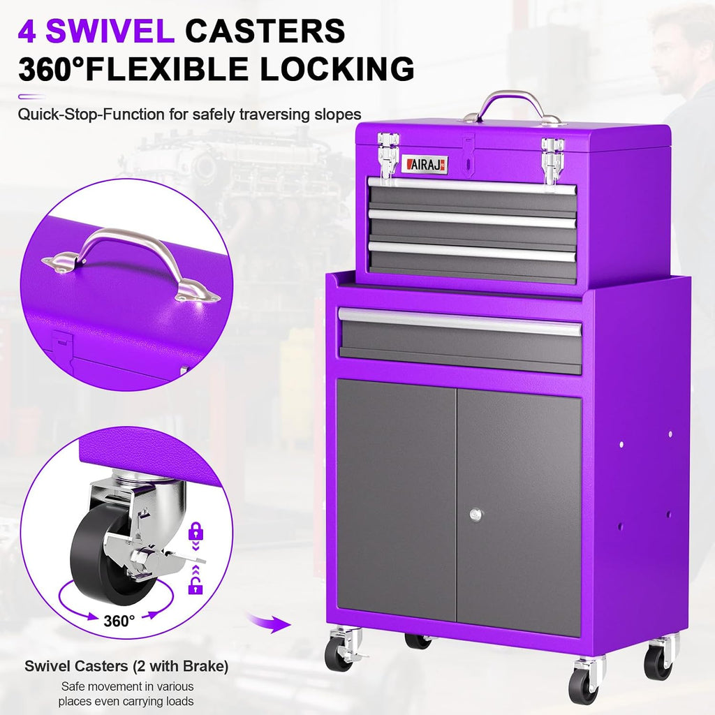 AIRAJ Rolling Tool Chest,4 Drawers Tool Chest with 4 Swivel Casters,Large-Capacity Detachable Tool Cabinet with Lock and Double Doors,Suitable for Work Shops,Warehouse and Garage,Purple