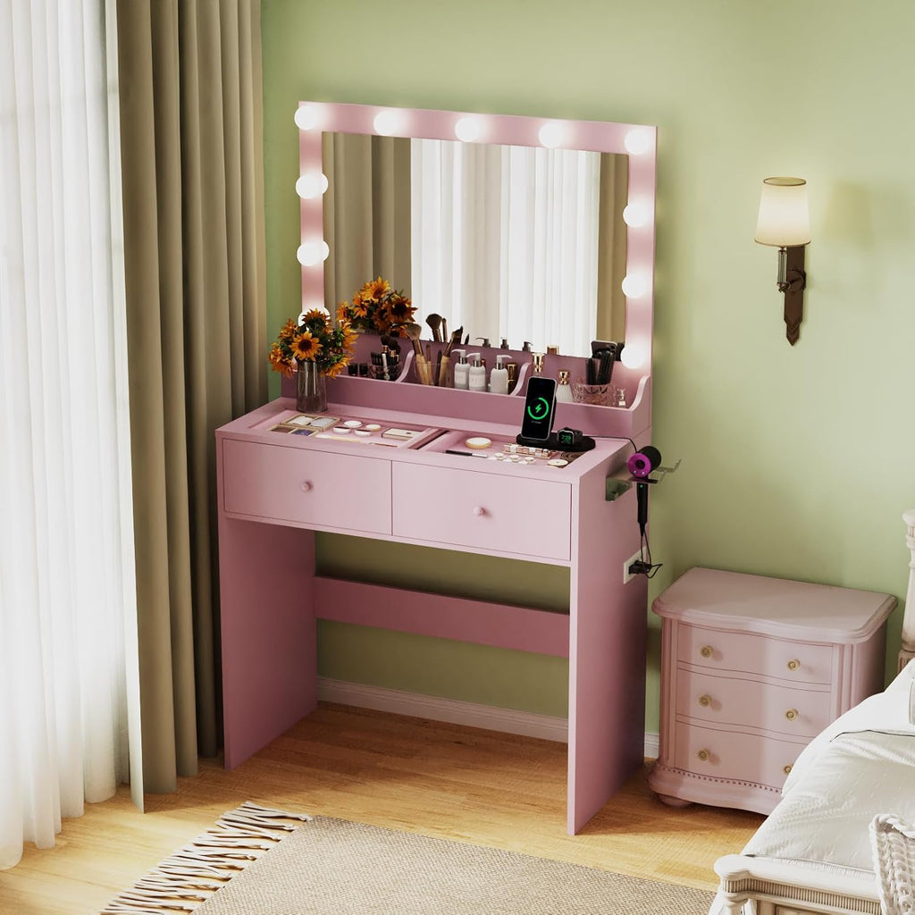 VINGLI Vanity Desk with Mirror and Adjustable Lights, Glass Top Makeup Vanity Table Built-in Power Outlets & Hairdryer Holder, Small Pink Dressing Table w/Hollywood Bulbs, Gifts for Girls, 31.5in