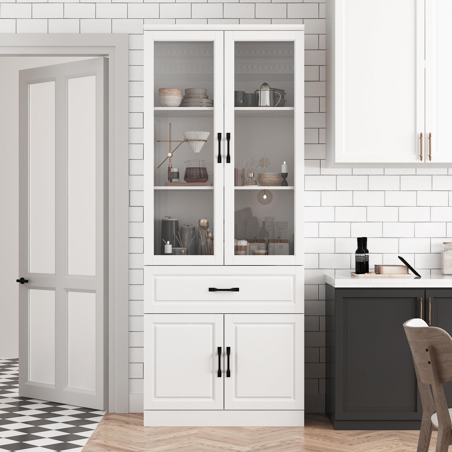Tall Bookshelf with Glass Doors & Drawers, Large Storage Cabinet Home Office Bookcase with Doors & Shelves, Glass Display Cabinet for Living Room, White (31.5' W x 15.7' D x 78.9' H)