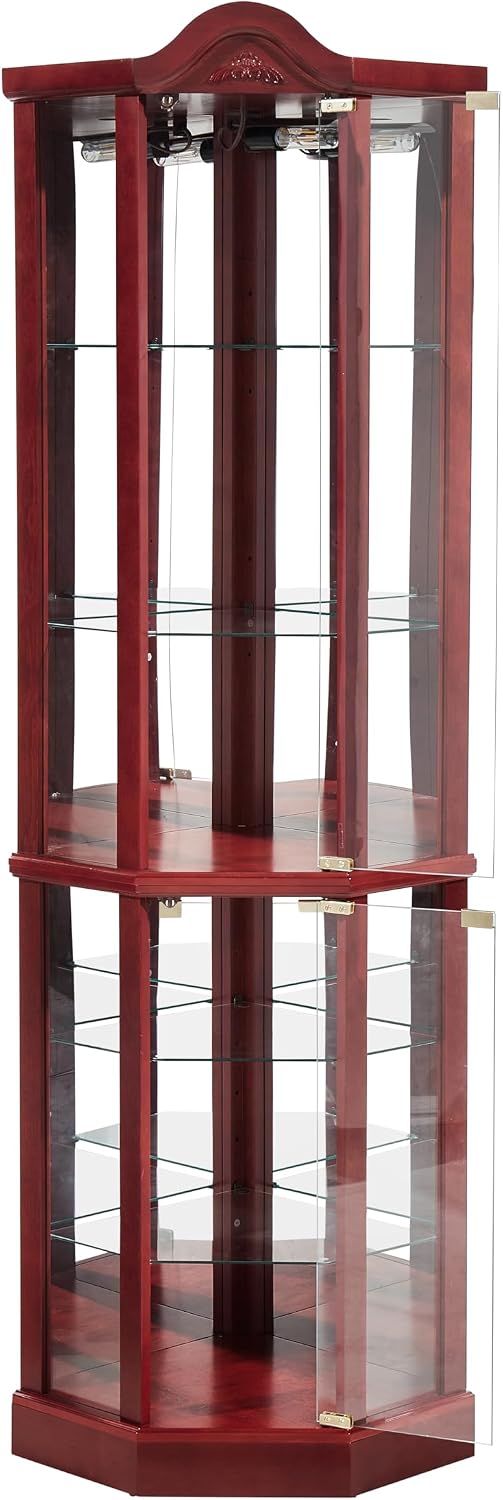 Ball & Cast 72' H Lighted Corner Curio Cabinet with Curved Top Carving,Glass Display Cabinet with 6 Tempered Adjustable Glass Shelves and Doors,Light Bulb Included, Rack for Liquor Storage,Cherry