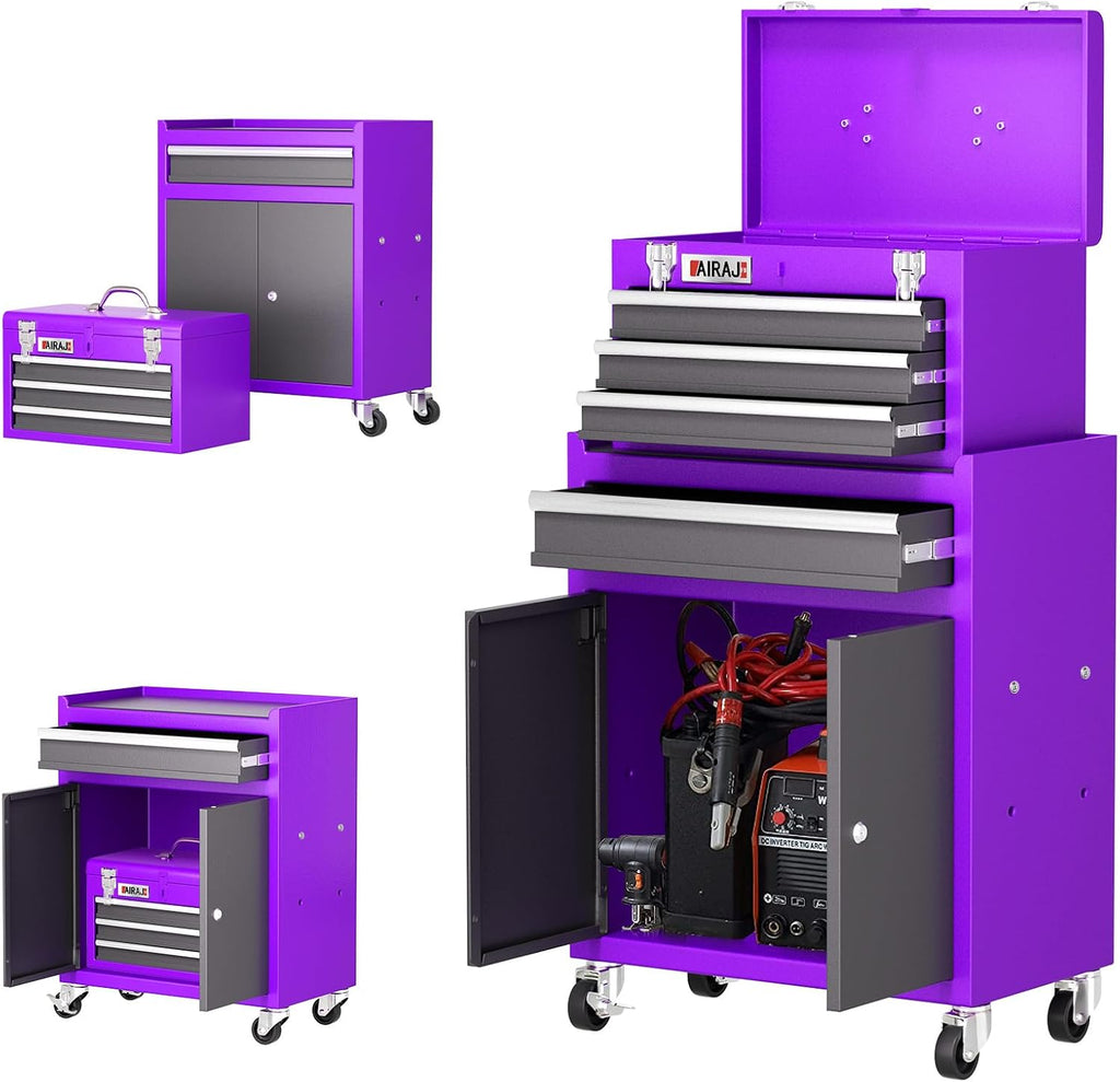 AIRAJ Rolling Tool Chest,4 Drawers Tool Chest with 4 Swivel Casters,Large-Capacity Detachable Tool Cabinet with Lock and Double Doors,Suitable for Work Shops,Warehouse and Garage,Purple