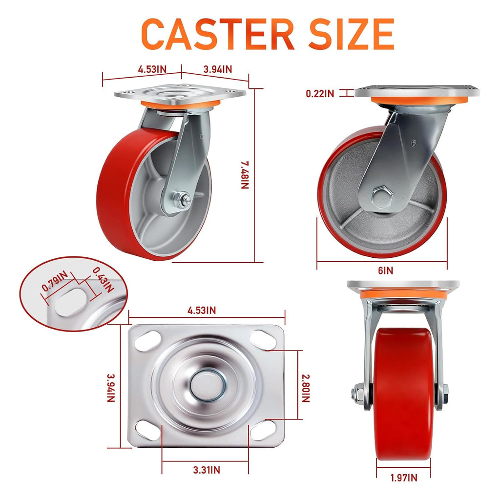 6 Inch Heavy Duty Caster Wheels Set of 4 Industrial Casters Swivel Plate Caster,Load 5000Lbs,Polyurethane Silent Steel Wheels,for Heavy Duty Die,Equipment Movement,U-Boat Cart(2Swivel&2Rigid)