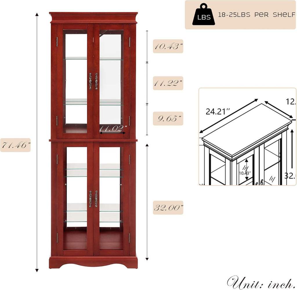 71' Lighted Curio Cabinet with 6 Adjustable Shelves, Vintage Glass Display Case, Tempered Glass Doors, Tall Wine Bar Cabinet for Living Room Liquor Storage, Bulb Included