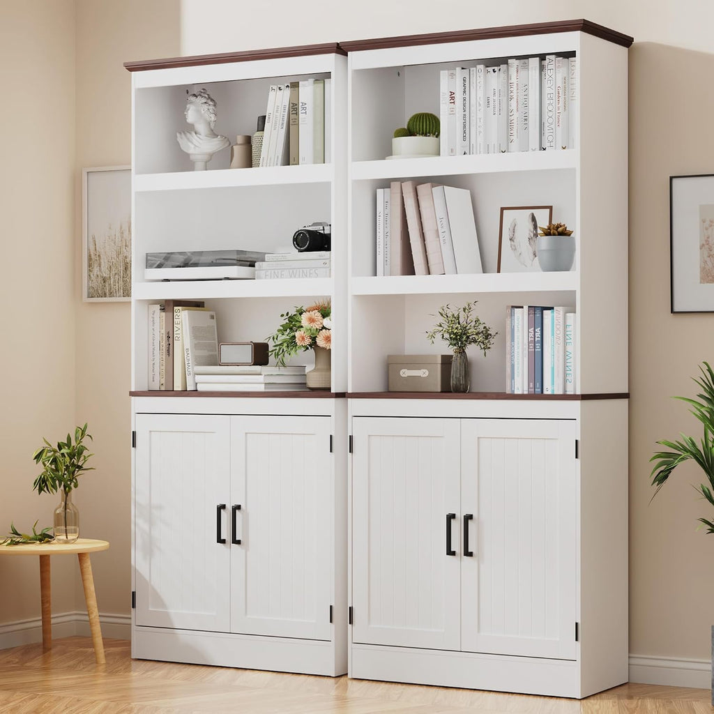 MHOM 71' Tall Bookshelf with Doors, 5 Tiers Farmhouse Bookcase with Adjustable Shelves, Wooden Rustic Display Cabinet for Home Office, Living Room, White