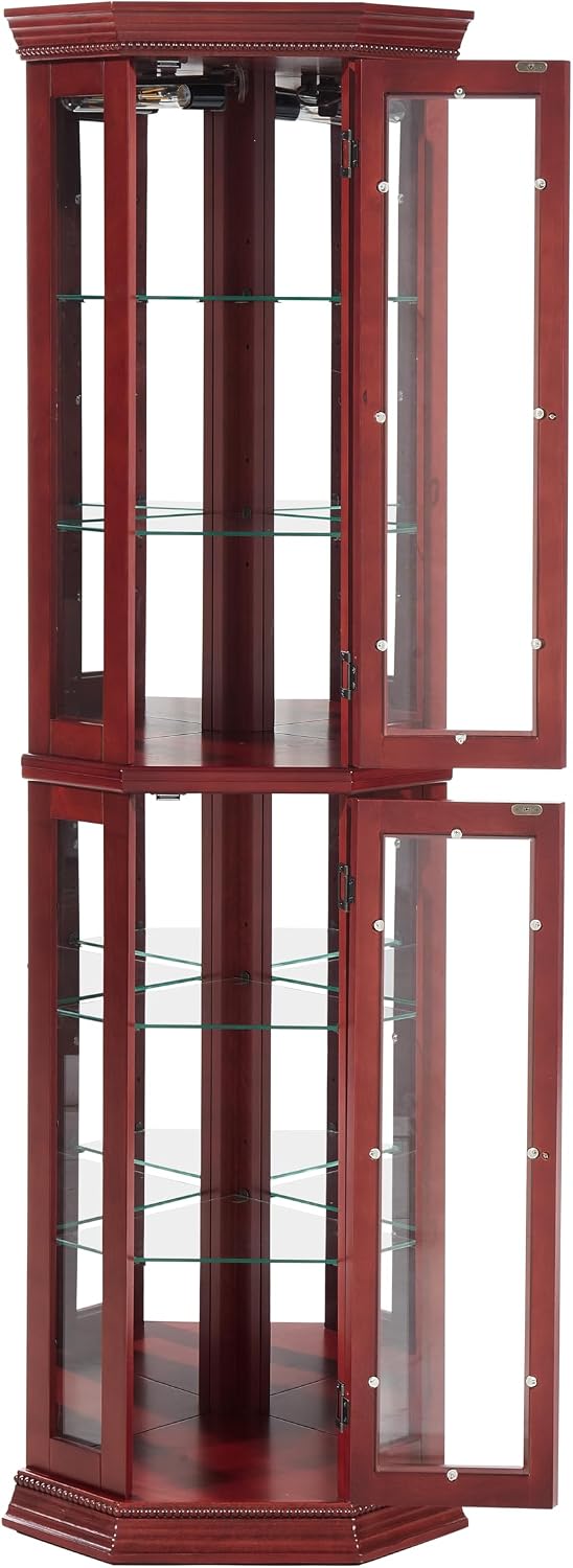 Ball & Cast 70' H Lighted Corner Curio Cabinet, Glass Display Cabinet with 6 Tempered Adjustable Glass Shelves and Doors,Include Light Bulb, Rack for Living Room,Cherry
