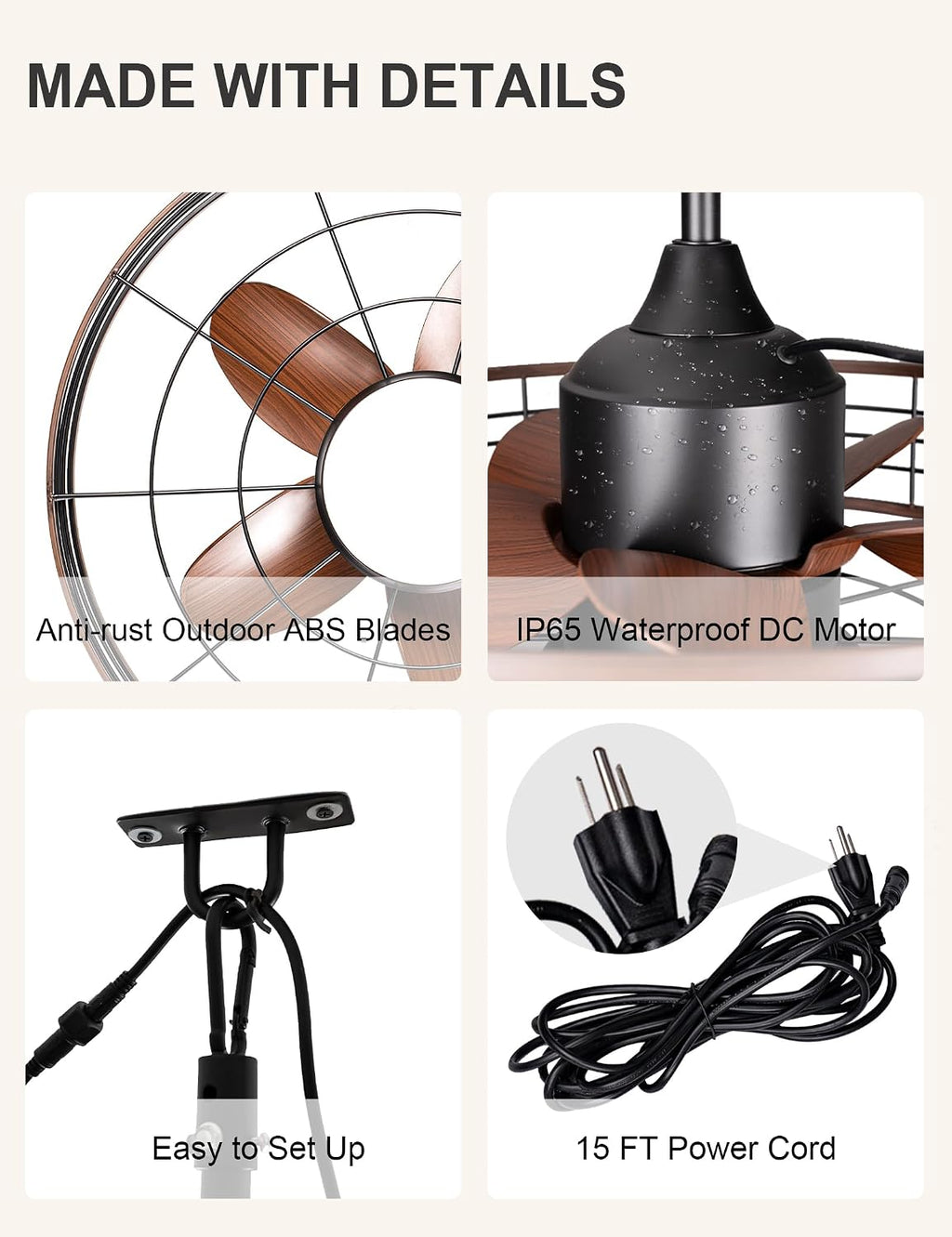 Dawn Whisper 24' Wet Rated Outdoor Ceiling Fans with Light Waterproof Outdoor Fans for Patio Porch Pergola Pavilion Plug in Hanging Gazebo Ceiling Fan with 3CCT 6-Speed DC Motor