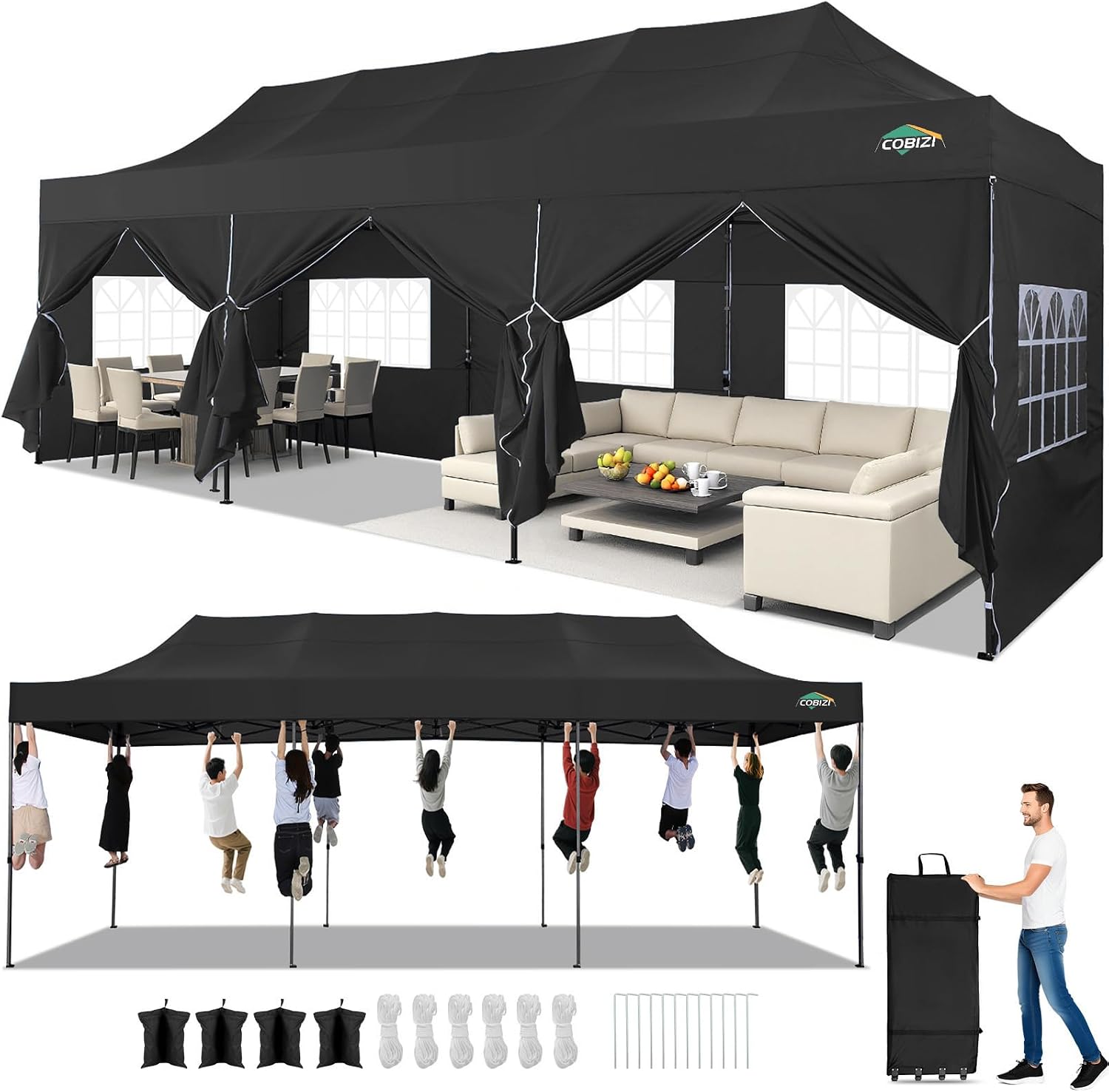 COBIZI 10x30 Heavy Duty Pop Up Canopy Tent – Commercial Grade, UPF 50+ UV Protection, Waterproof & Windproof, All-Season Outdoor Party Gazebo with Roller Bag, Black