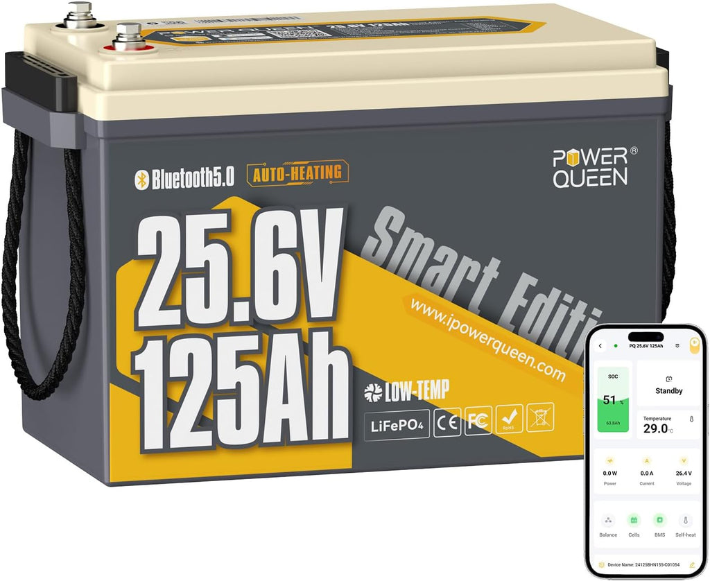 Power Queen 24V 125Ah Bluetooth Lithium Battery with Self-Heating,Trolling Motor LiFePO4 Battery - Mini Size,Low Temp Protection & IP67 Waterproof, 3200W Output Power for Marine,Yacht, Solar Off-Grid