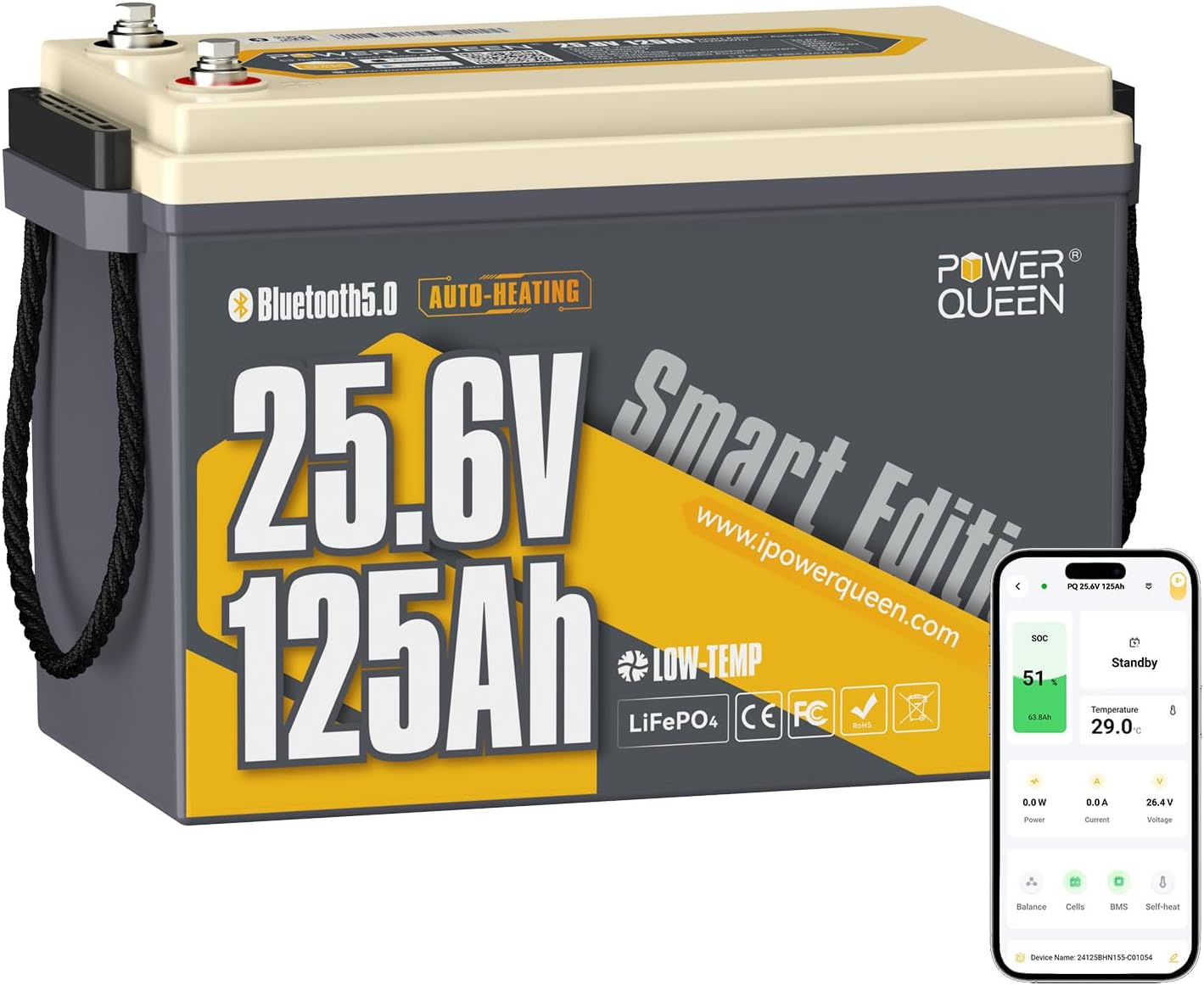 Power Queen 24V 125Ah Bluetooth Lithium Battery with Self-Heating,Trolling Motor LiFePO4 Battery - Mini Size,Low Temp Protection & IP67 Waterproof, 3200W Output Power for Marine,Yacht, Solar Off-Grid