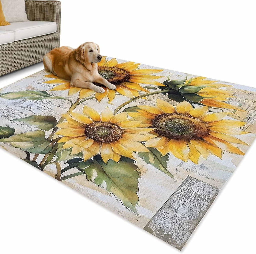 Outdoor Rug 4x6ft Summer Country Blossom Sunflowerretro Newspaper Backdrop Patio Area Rugs Waterproof Easy Cleaning Non Shedding Thick Mats Carpet for Indoor Outdoor Porch Deck Backyard Balcony