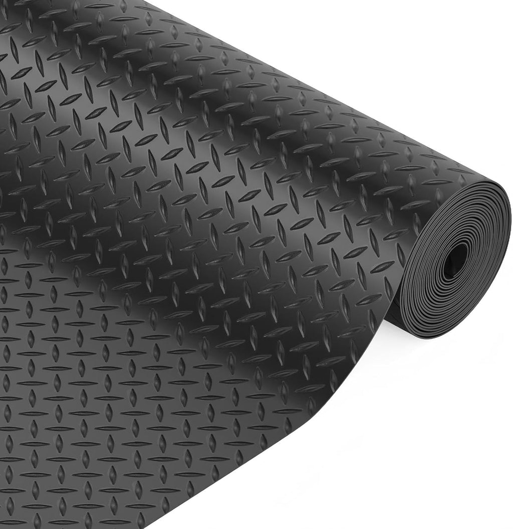 FAHKNS 8.1x21 FT Garage Floor Mat, Diamond Plate PVC Flooring Roll 2.8mm Thickened Garage Mats for Under Car, 170 SQFT Heavy Duty Non-Slip Rubber Floor Parking Mat for Trailer SUV Basement Gym (Black)