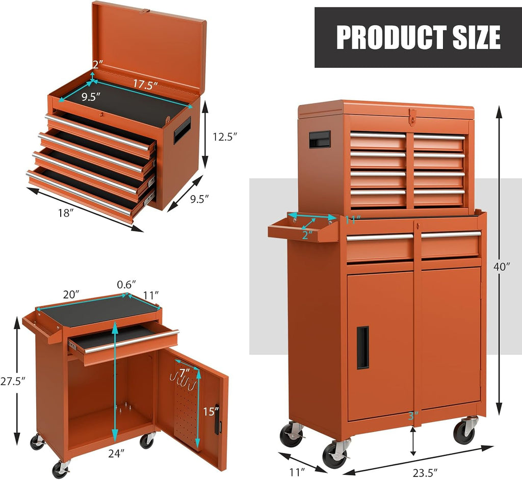 S AFSTAR 5-Drawer Rolling Tool Chest, Lockable Wheels, Adjustable Shelf & Anti-Slip Liner, Detachable Tool Box Organizer, Garage Workshop (Orange)