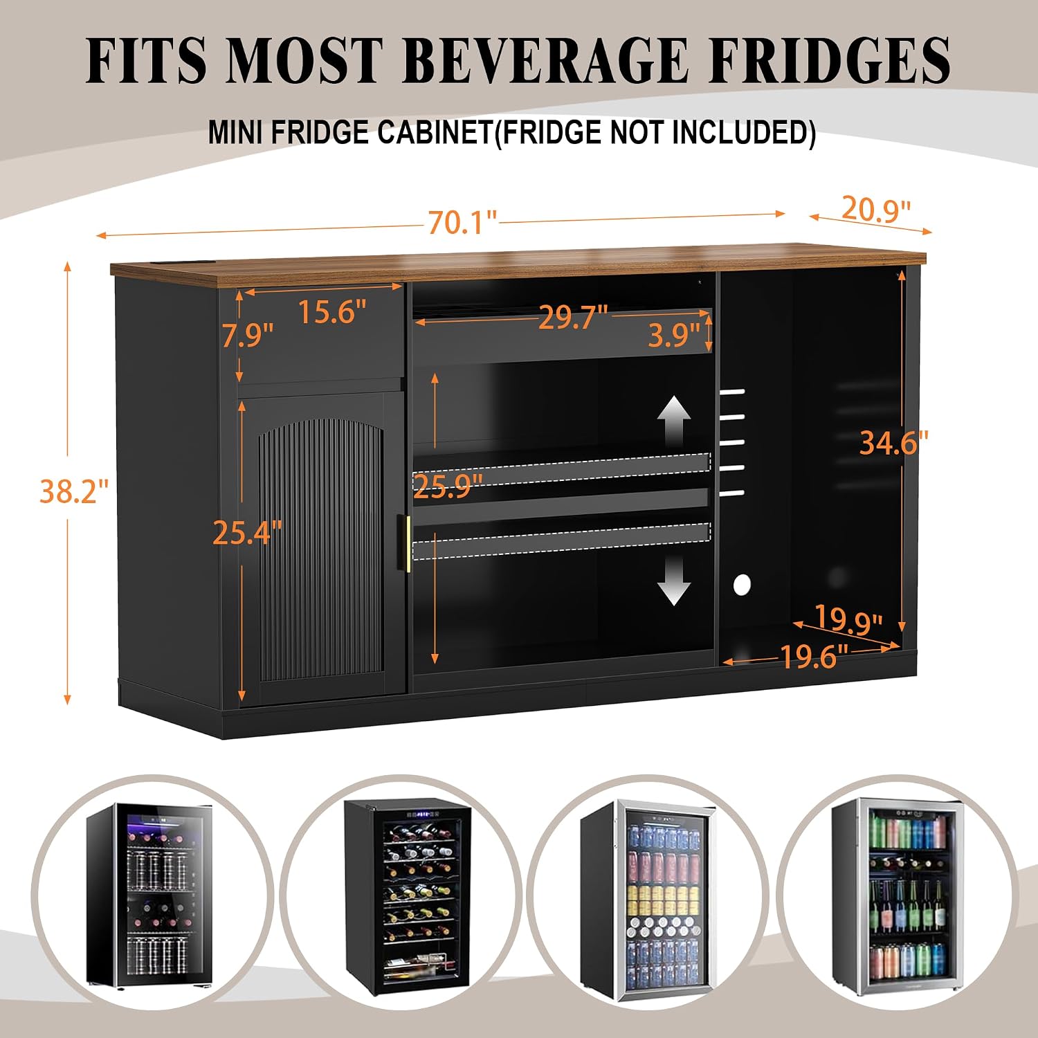 GDLF Snack Bar Cabinet with Fridge Space, 70.1' Snack Organizer with Storage and Candy Display Shelf, Coffee Station for Home Theater or Game Room with LED Lights, Black