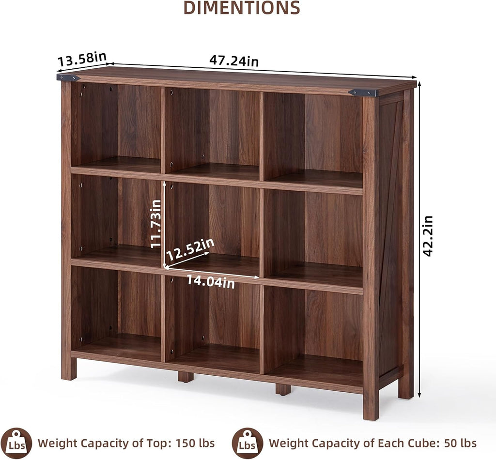 Joaxswe 9 Cube Bookcase, Farmhouse 47 Inch Wide Brown Walnut Bookshelf, Wooden 3 Tier Display Large Open Book Shelf, Vintage Horizontal Book Case for Home Office, Cubby Storage Cabinet for Living Room