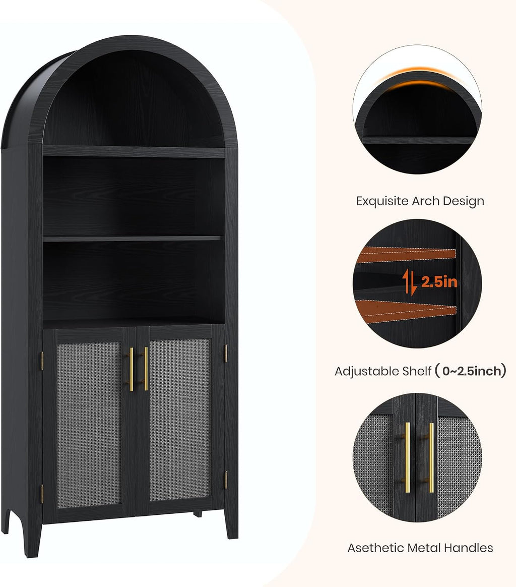 IDEALHOUSE Arched Kitchen Pantry Cabinet with Doors - 5-Tier Open Display Shelf with Rattan Decor, Farmhouse Storage Cabinet for Kitchen, Dining Room, Living Room, Black