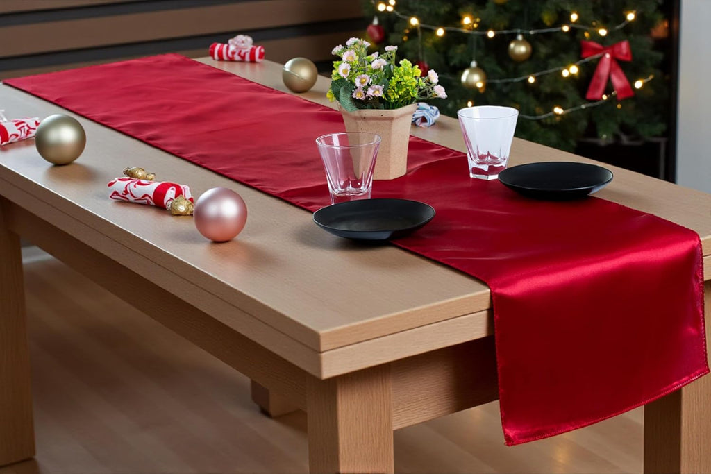 MDS 50 PCS Satin Table Runners 12 x 108 Inch Charmeuse Sateen Silk Table Runner for Indoor Outdoor Wedding Reception Birthday Graduation Party Event Banquet Dining Table Decoration - Apple Red