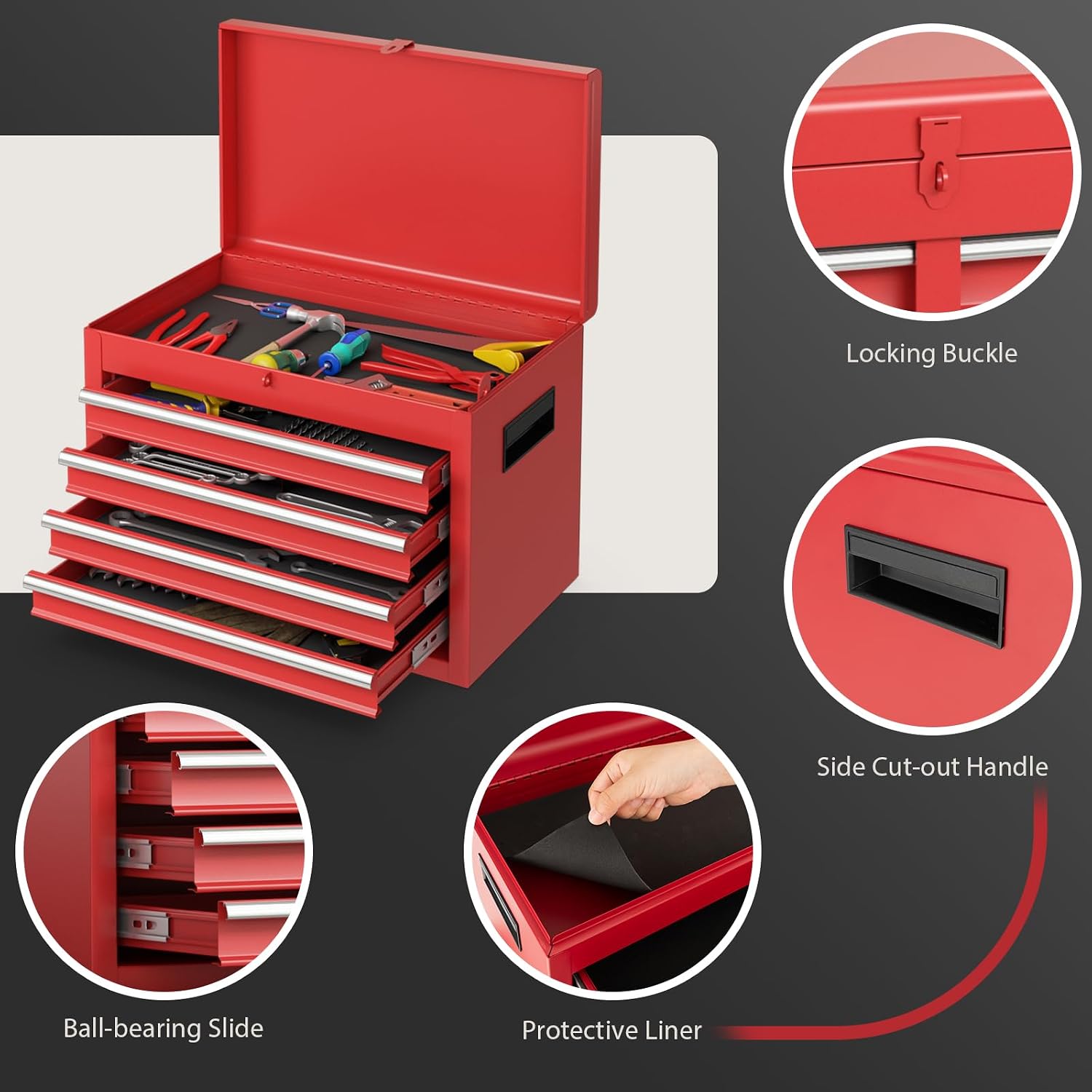 Rolling Tool Chest, 5-Drawer Tool Storage Cabinet with Wheels, Adjustable Shelf & Anti-Slip Liner, Tool Box Organizer for Garage, Warehouse & Workshop (Red)