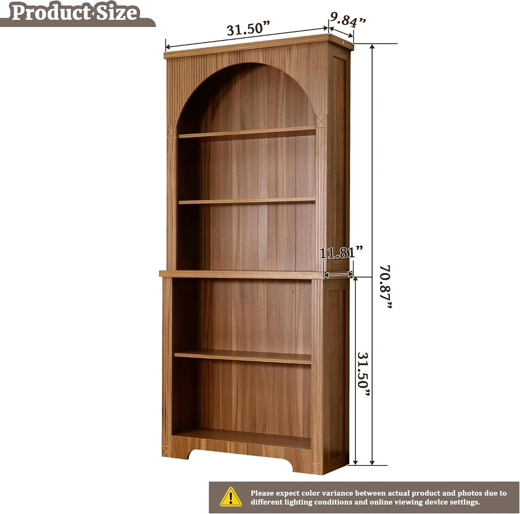 Janmer Home 71' Tall Narrow Arched Bookshelf, Mid Century Modern 5-Tier Arched Narrow Storage Bookcase with Adjustable Open Display Shelf for Office, Living Room (Walnut)