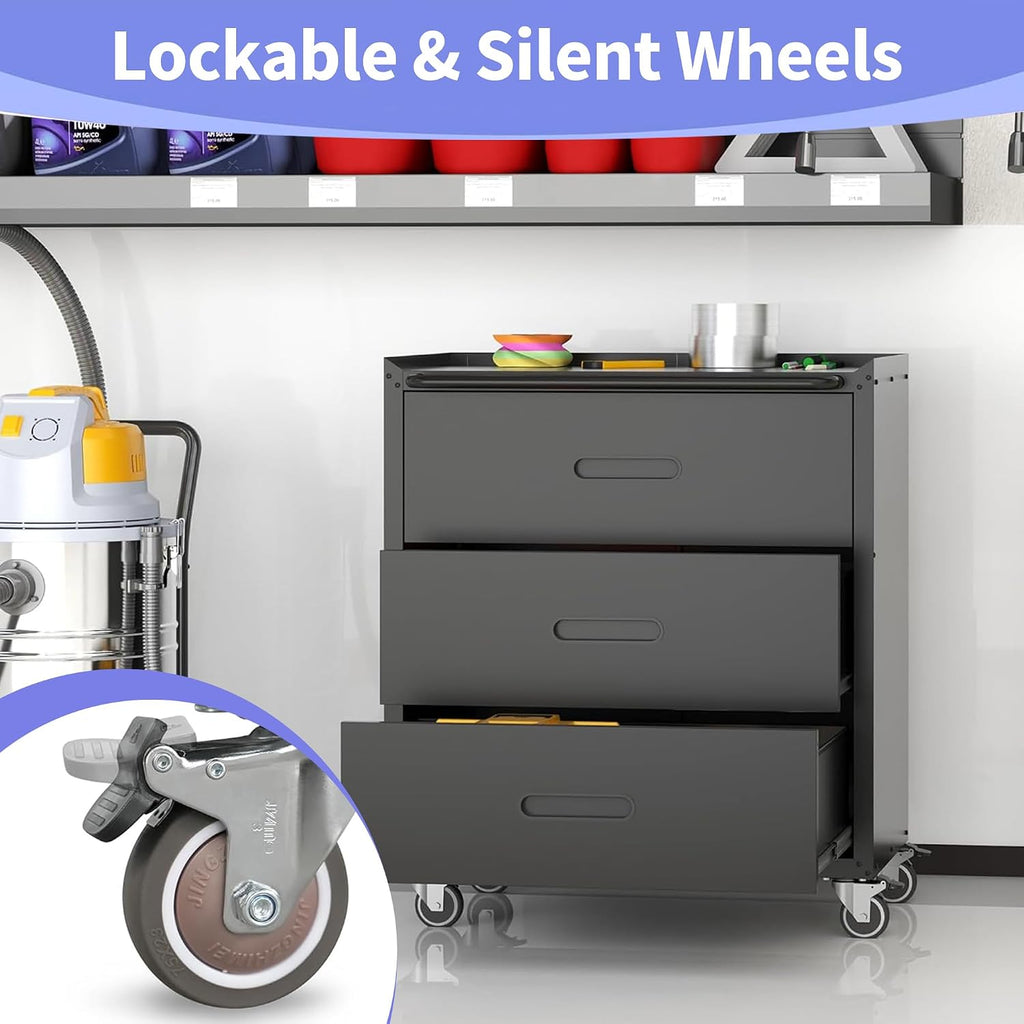 Metal Garage Storage Cabinet with Wheels, Rolling Tool Cabinet with 3 Drawers, Heavy Duty Mobile Steel Cabinet for Garage Warehouse Workshop