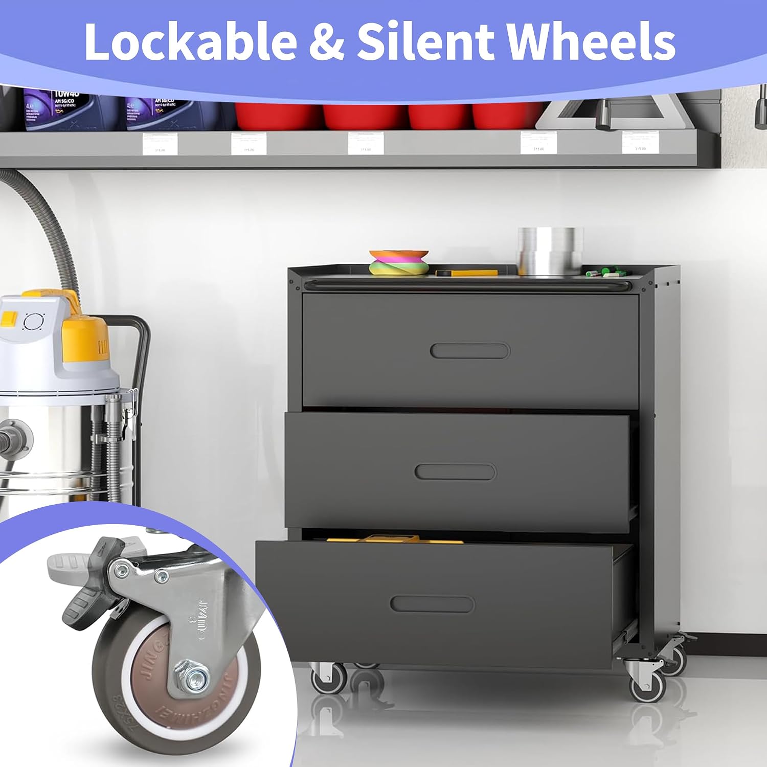 Metal Garage Storage Cabinet with Wheels, Rolling Tool Cabinet with 3 Drawers, Heavy Duty Mobile Steel Cabinet for Garage Warehouse Workshop