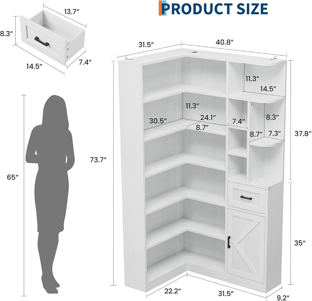 Garvee 74'' Tall Corner Bookshelf - 6-Tier Book Shelf with Drawer and Cabinets, l-Shaped Bookcase Open Storage Shelves Modern Display Shelf for Home, Office