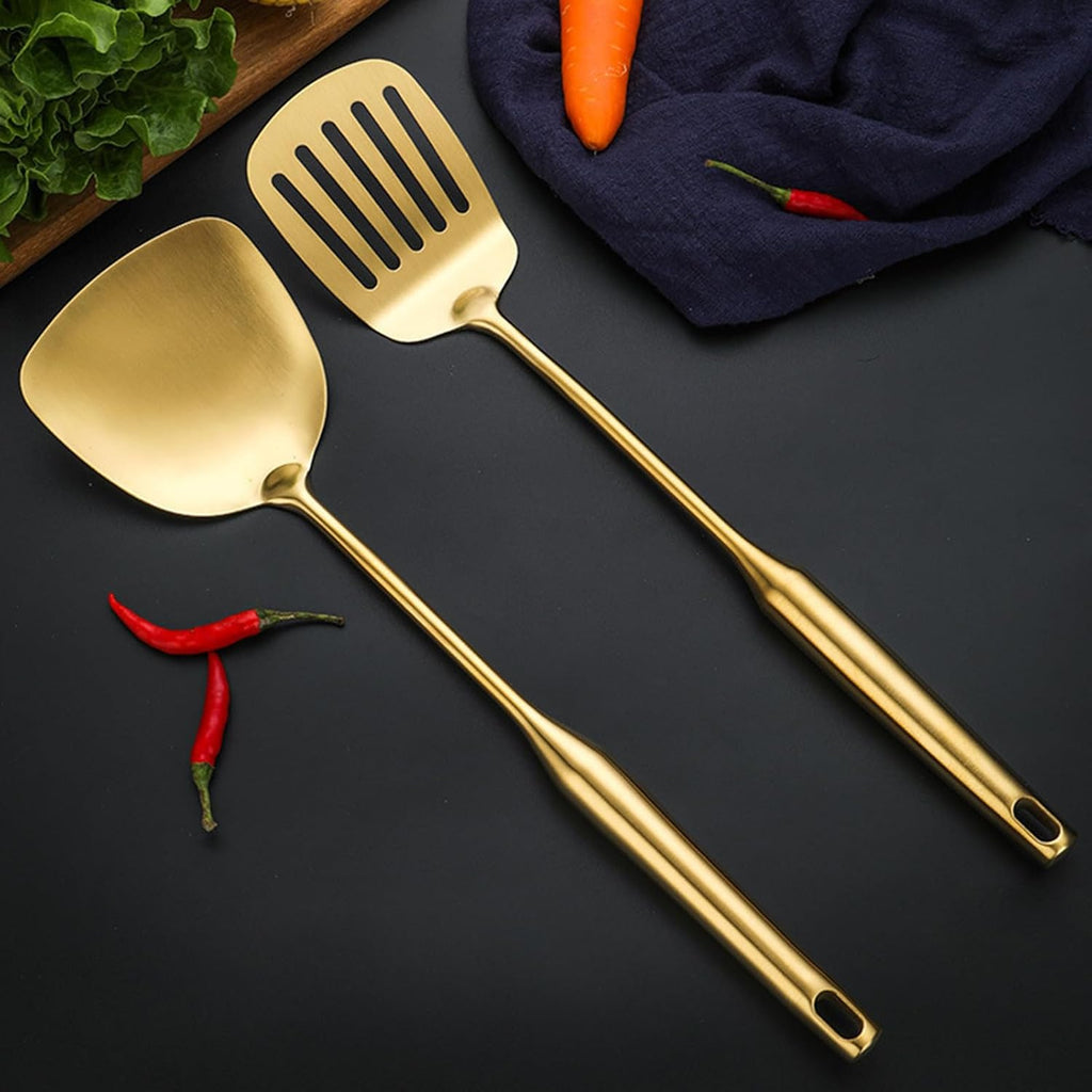 Gold Cooking Utensils Set Stainless Steel Non-stick Heat Resistant Ceramic Handle 7pieces Kitchenware Cookware Set Kitchen Tools Set With Utensil Holder Dishwasher Safe Easy To Clean