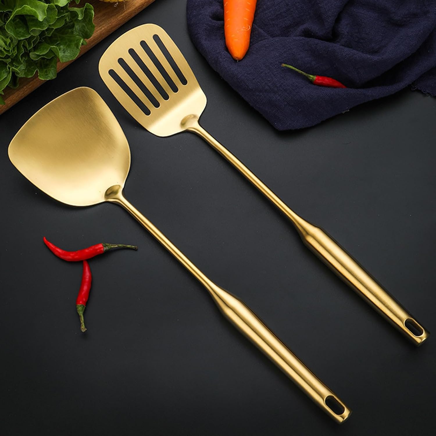 Gold Cooking Utensils Set Stainless Steel Non-stick Heat Resistant Ceramic Handle 7pieces Kitchenware Cookware Set Kitchen Tools Set With Utensil Holder Dishwasher Safe Easy To Clean