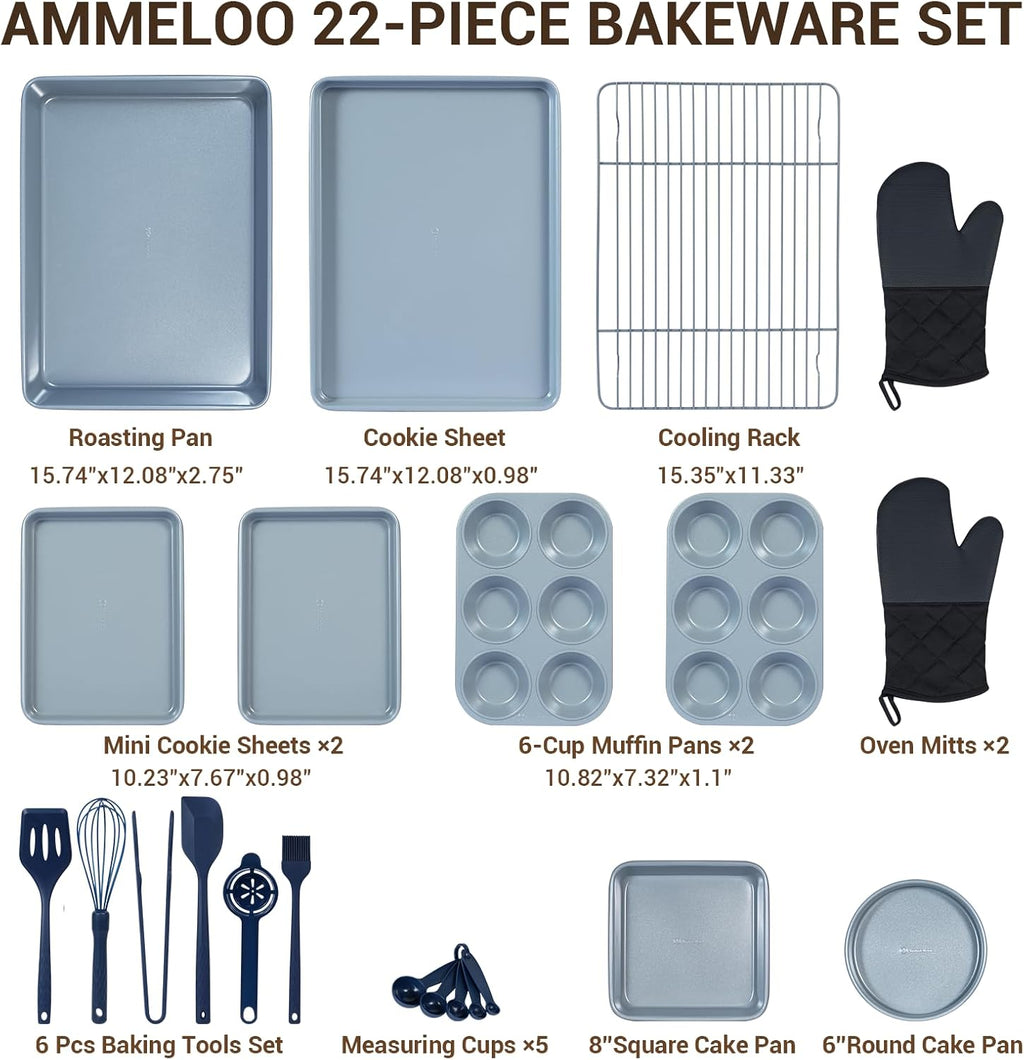 Ammeloo 3-Piece Hybrid Tri-Ply Stainless Steel Frying Pan Set & 22-Piece Baking Pans Set