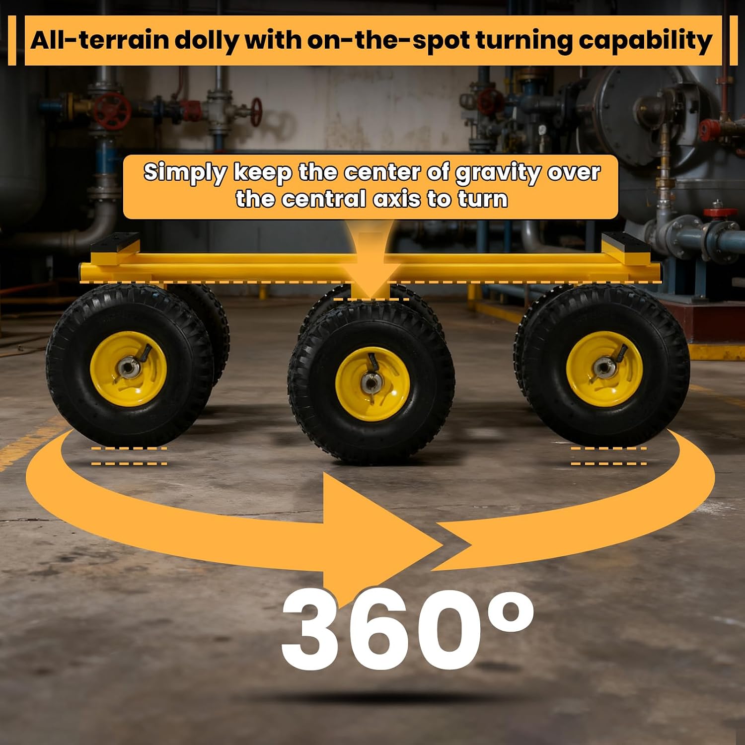 6 Wheel All Terrain Dolly, Heavy Duty Furniture Dolly 1300 Lbs Capacity, 10' Inflatable Tires Big Wheel Dolly, All Terrain Mover for Homes, Logistics, Warehouses, Shopping - 35.5' x 18' - Yellow
