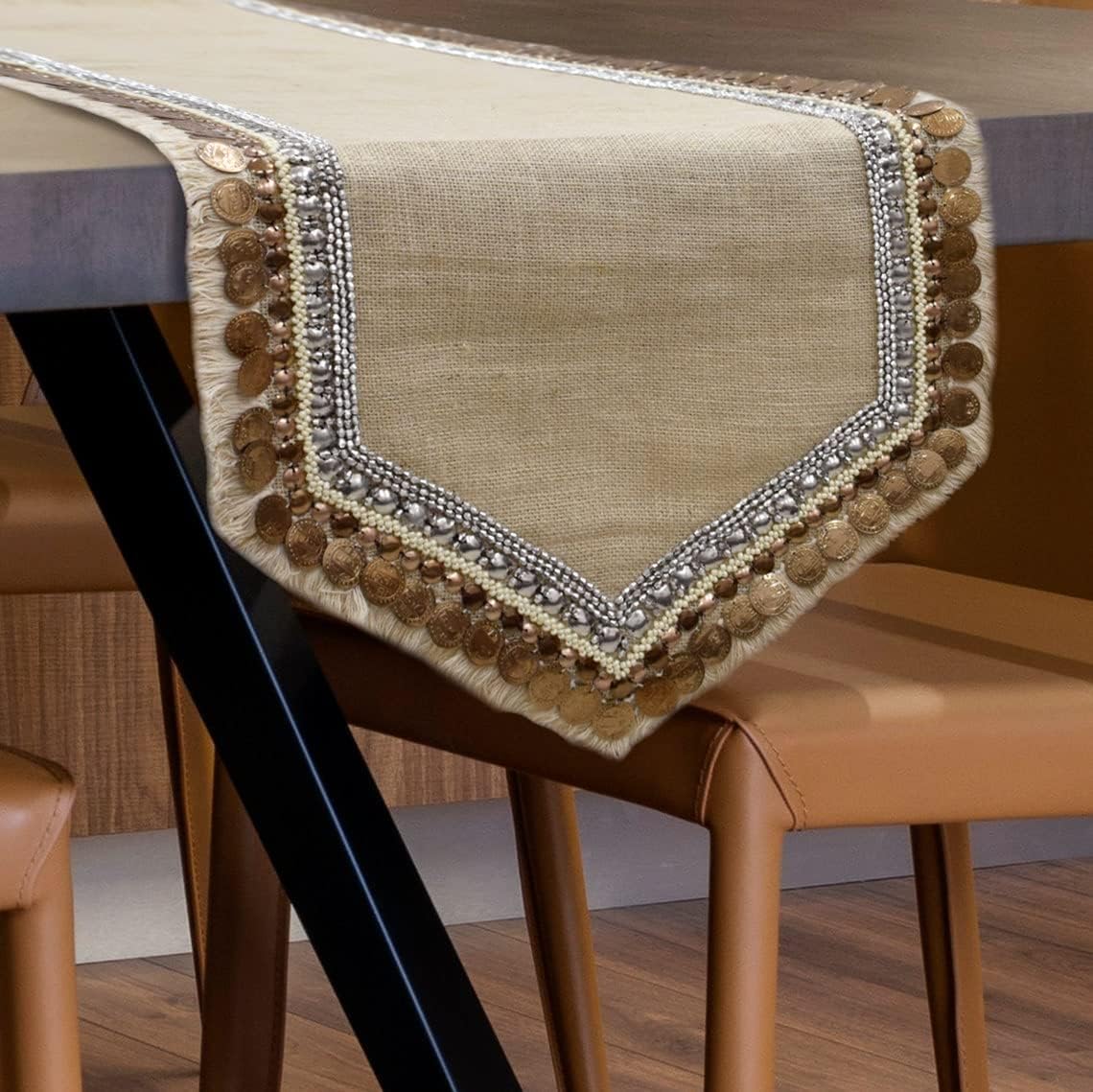 The HomeCentric Decorative Beige 6-8 Seater Table Runner (16 x 90 inch), Lace, Bead, Sequins, Burlap, Embroidered & Moroccan, Burlap Fabric Table Linen, Bordered Pattern Contemporary Style - Marima
