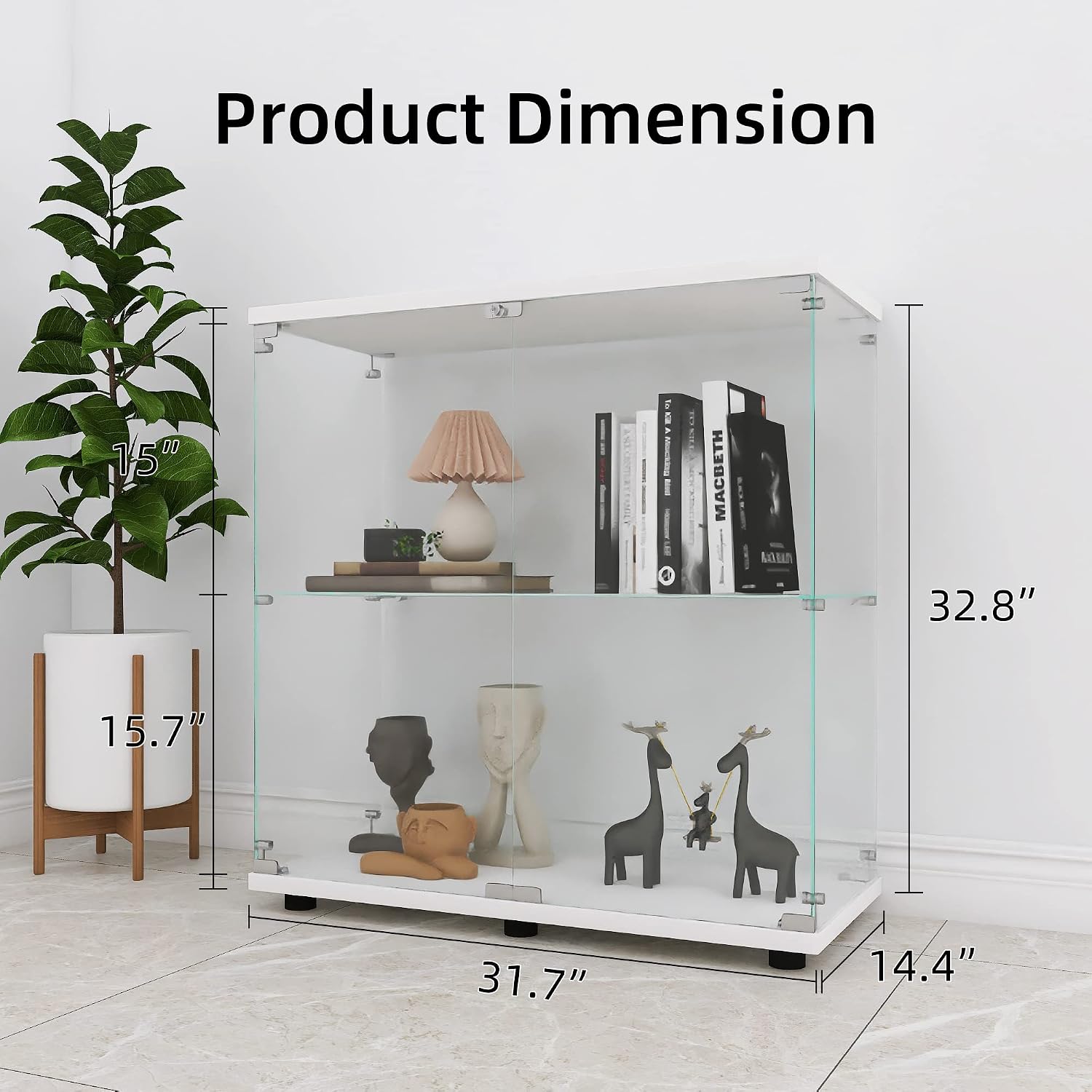 LFT HUIMEI2Y Glass Display Cabinet 2-Shelf with Double Door, Curio Cabinets Fast Installation in 30 Mins, Tempered Glass Floor Standing Bookshelf for Bedroom, Living Room 32.8'x 31.7'x 14.4' White