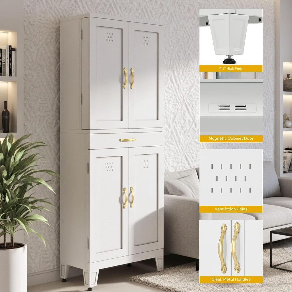 DWVO Metal Storage Cabinet, 71' Kitchen Pantry Cabinet with 4 Door & 4 Adjustable Shelves & Drawer & Door Rack, 6-Tier Tall White Steel Cabinets for Kitchen, Living Room, Dining Room
