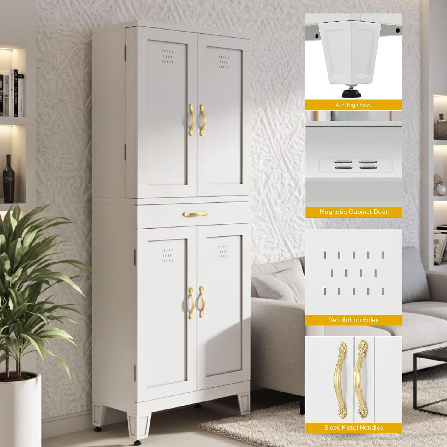DWVO Metal Storage Cabinet, 71' Kitchen Pantry Cabinet with 4 Door & 4 Adjustable Shelves & Drawer & Door Rack, 6-Tier Tall White Steel Cabinets for Kitchen, Living Room, Dining Room