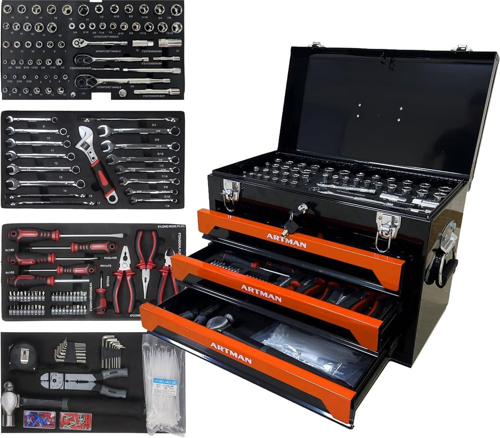 tool box with tools, tool set mechanics kit, 439 piece tool set, socket wrench set, mechanic tool set, heavy duty tool box, home tool kit, automotive tools, DIY tool set (439pcs-orange)