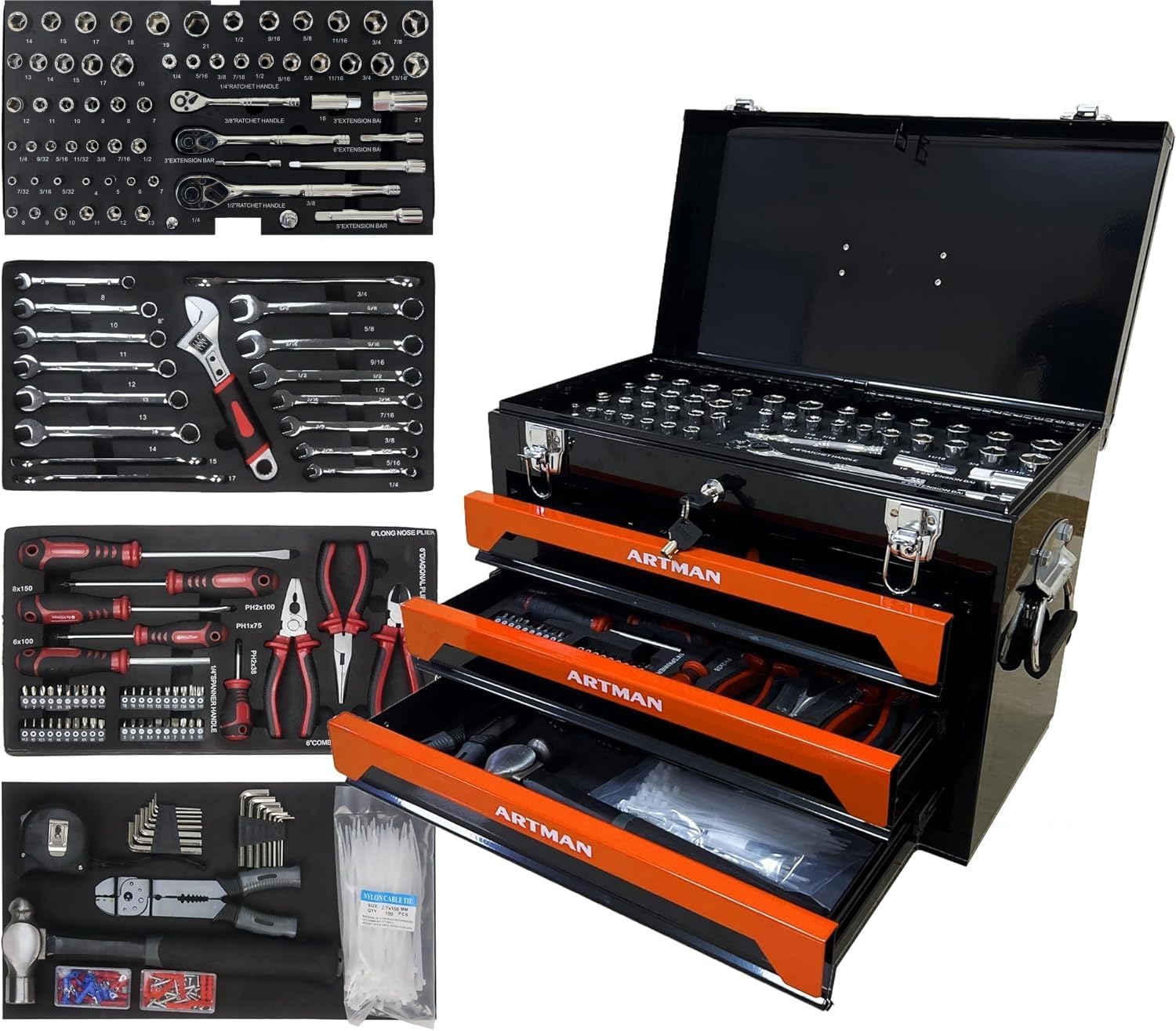 tool box with tools, tool set mechanics kit, 439 piece tool set, socket wrench set, mechanic tool set, heavy duty tool box, home tool kit, automotive tools, DIY tool set (439pcs-orange)