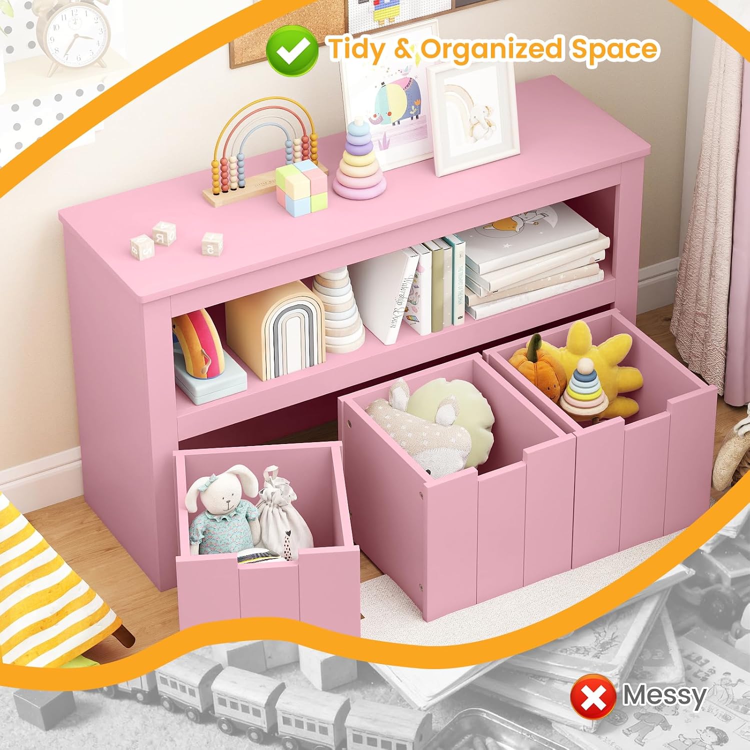 HONEY JOY Kids Toy Storage Organizer, Children Daycare Shelf, 3 Wooden Toy Box w/Wheels, Toddler Classroom Display Cabinet for Playroom, Nursery, Kindergarten (Pink)