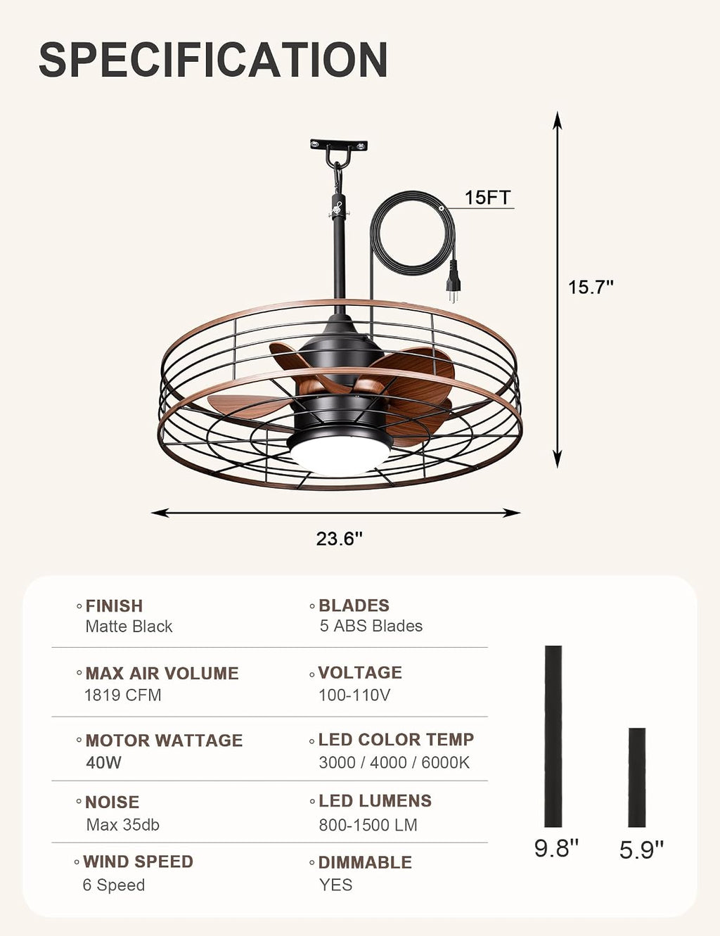 Dawn Whisper 24' Wet Rated Outdoor Ceiling Fans with Light Waterproof Outdoor Fans for Patio Porch Pergola Pavilion Plug in Hanging Gazebo Ceiling Fan with 3CCT 6-Speed DC Motor