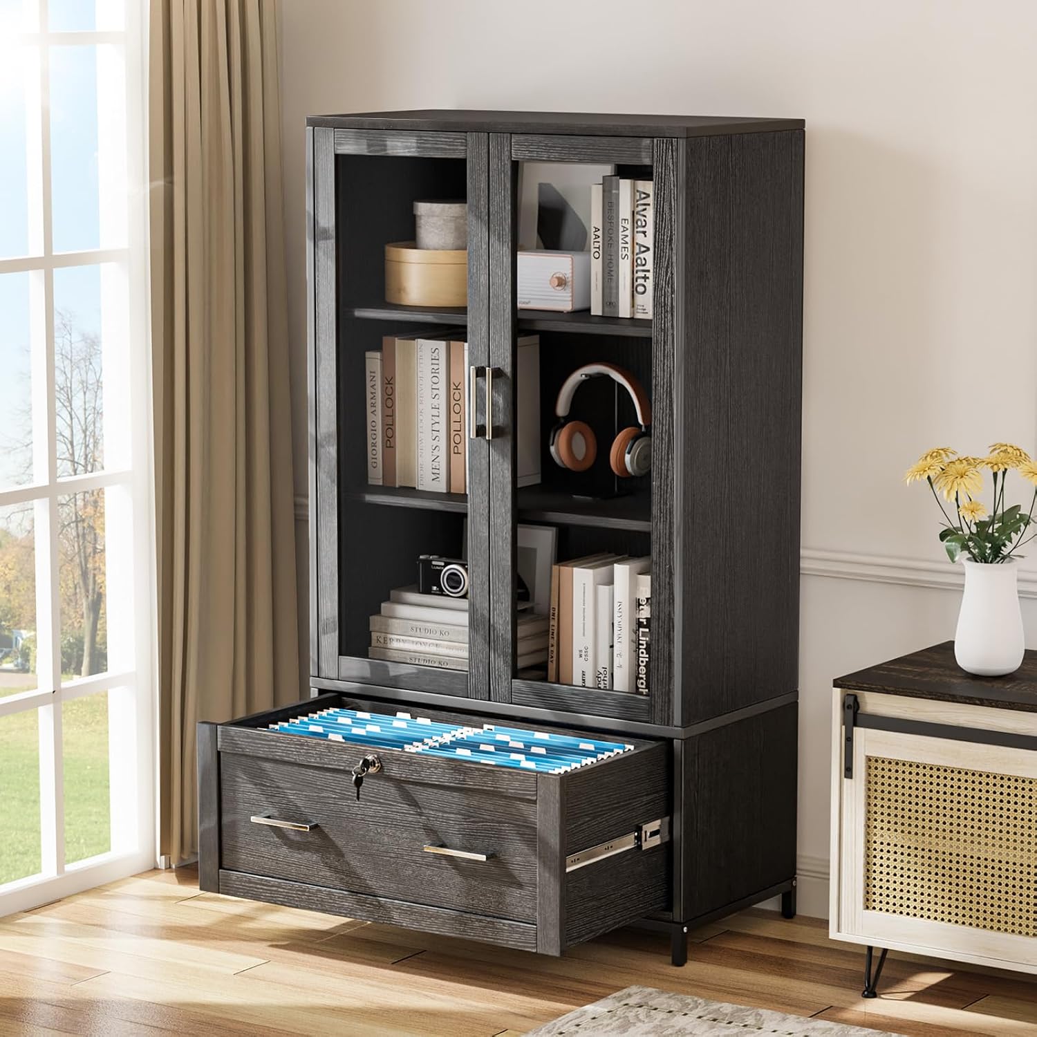 VINGLI Lateral File Cabinet with Glass Doors and Locking Drawer for Hanging File Folders, Bookshelf with Adjustable Shelves for Home Office (Black, 30''W x 16''D x 55''H)