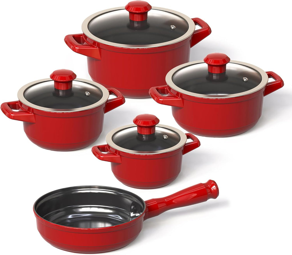 Real Ceramic, Non Scratchable, Non Toxic Cookware Set - Oven Safe Up to 1200F, Stovetop Agnostic, Dishwasher Safe, Longlasting and Lightweight - PFAS, PTFE, PFOA, PFOS - Tomato Red
